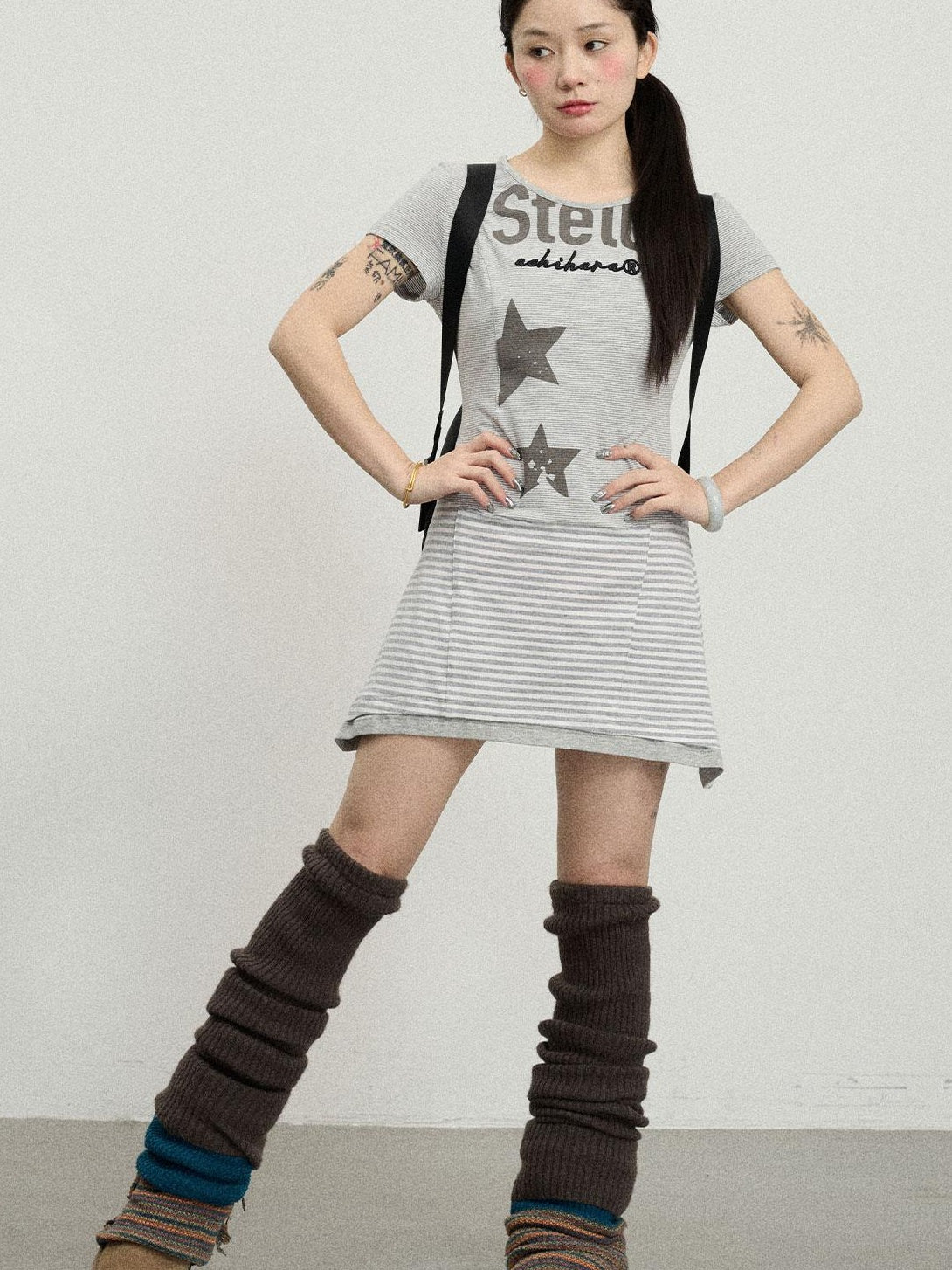 Achihara Striped Short T-Shirt Dress With Contrast Hem Dresses