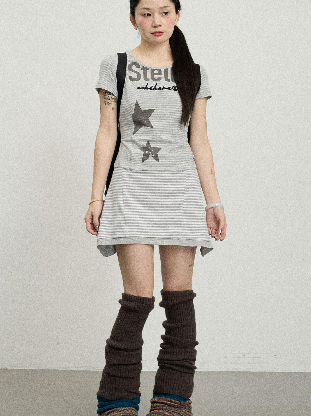 Achihara Striped Short T-Shirt Dress With Contrast Hem Dresses