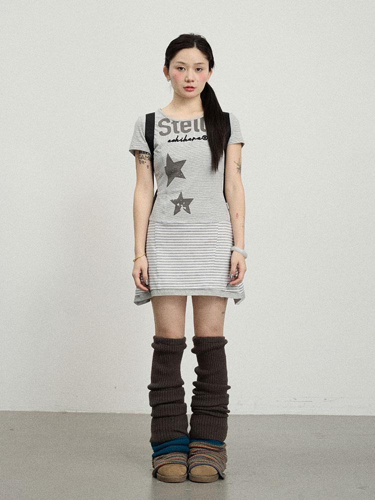 Achihara Striped Short T-Shirt Dress With Contrast Hem Dresses
