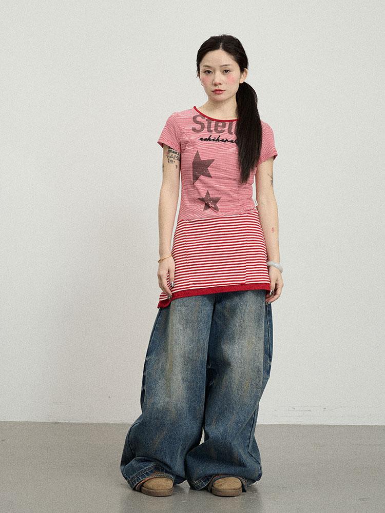 Achihara Striped Short T-Shirt Dress With Contrast Hem Dresses