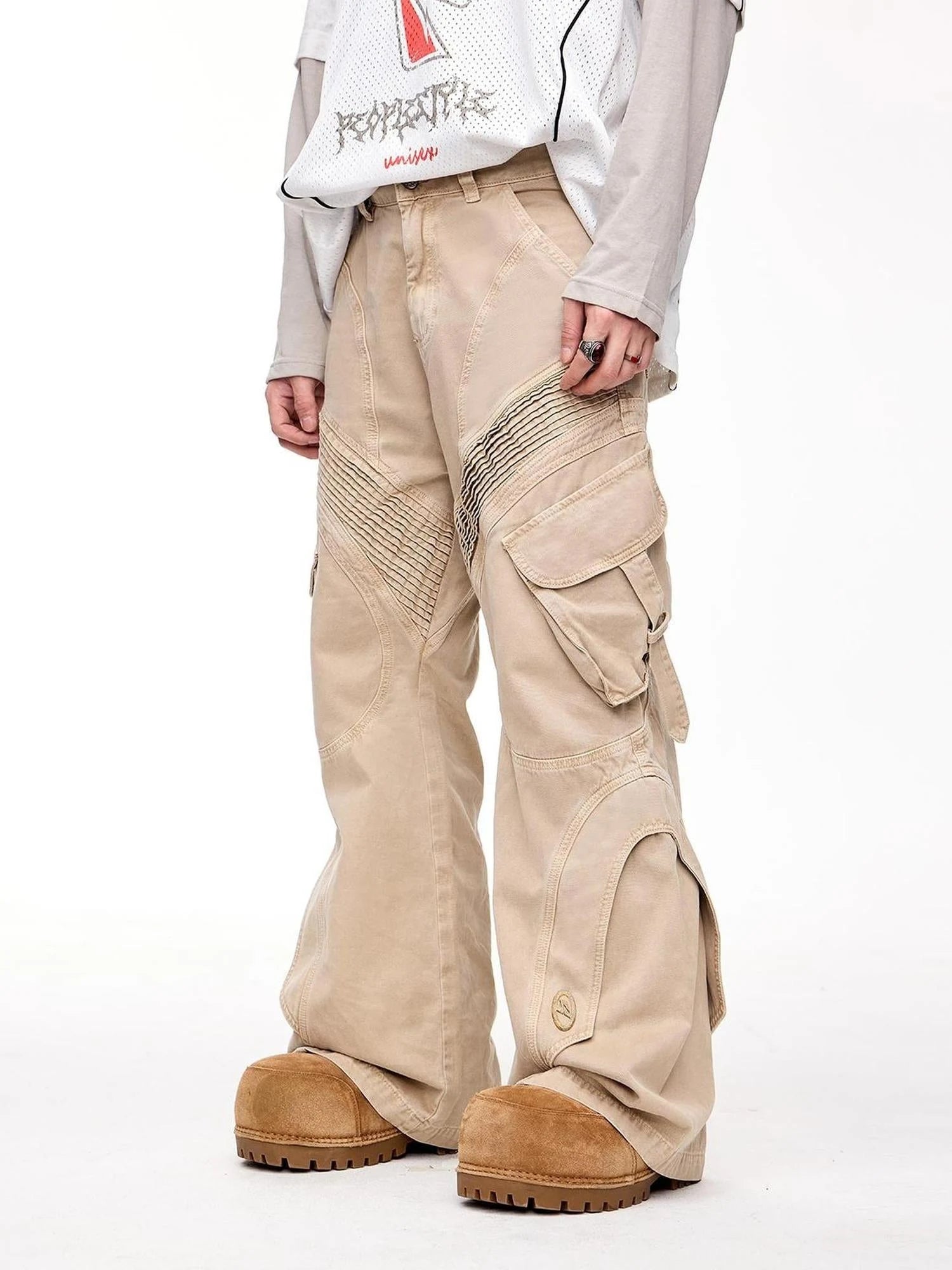 Structured Pleated Wide Leg Cargo Pants Vintage Wash