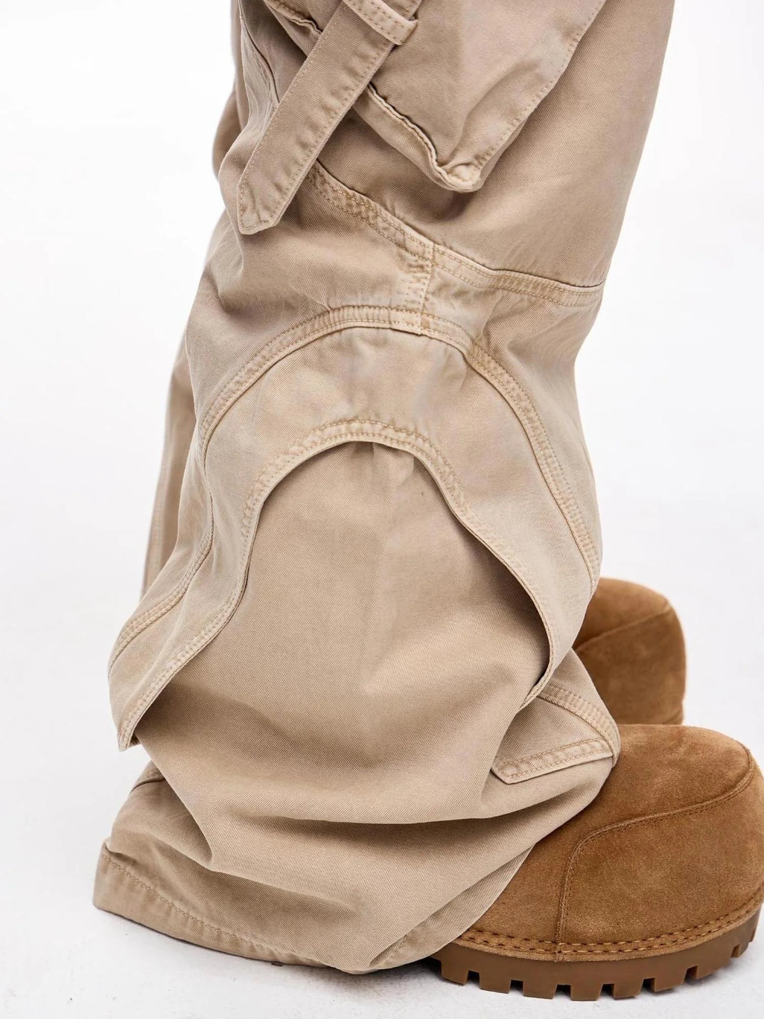 Structured Pleated Wide Leg Cargo Pants Vintage Wash