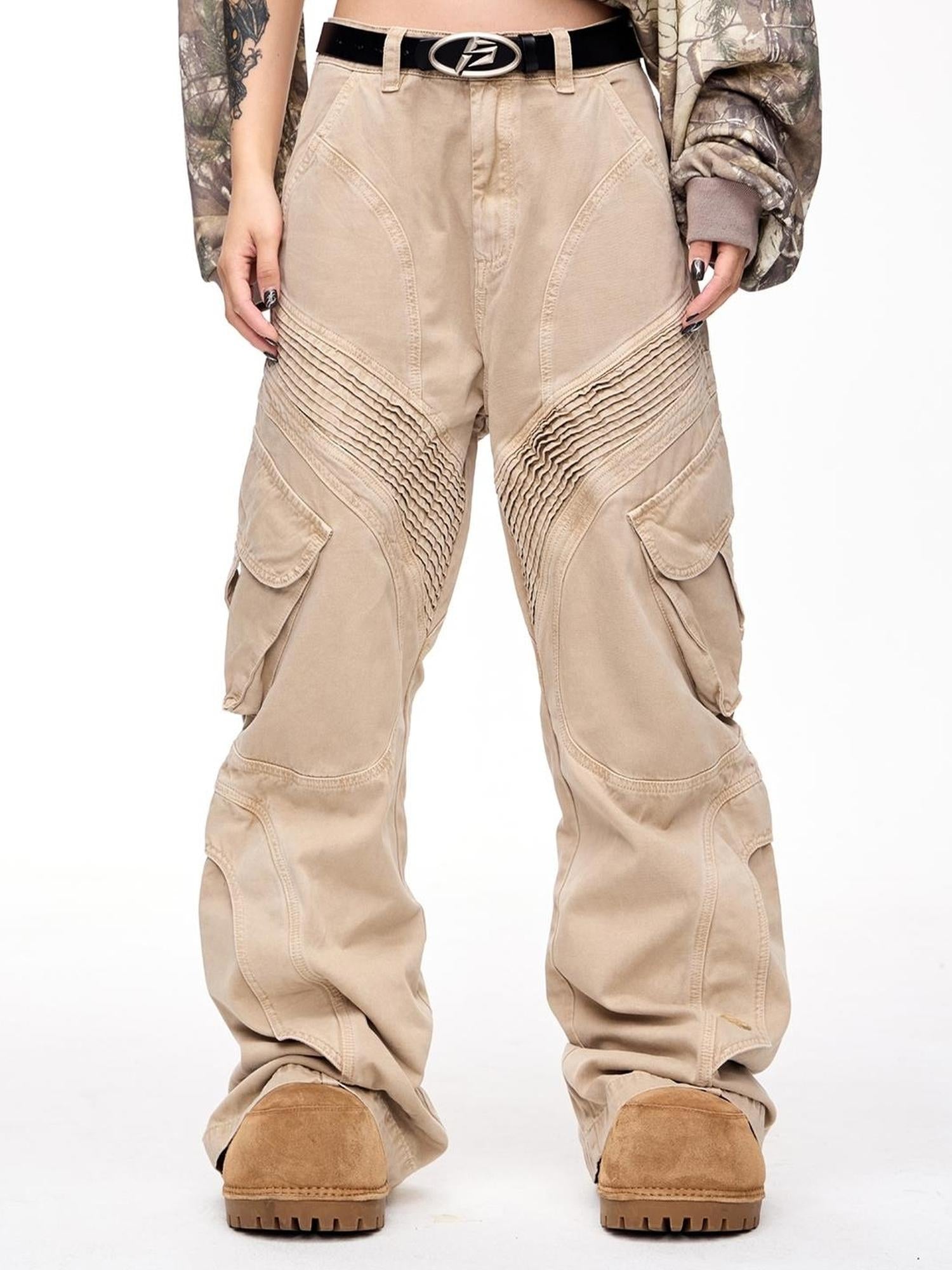 Peoplesense Structured Pleated Wide Leg Cargo Pants Vintage Wash