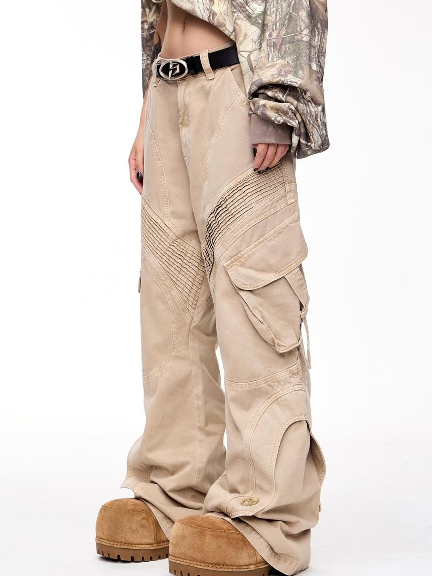 Peoplesense Structured Pleated Wide Leg Cargo Pants Vintage Wash