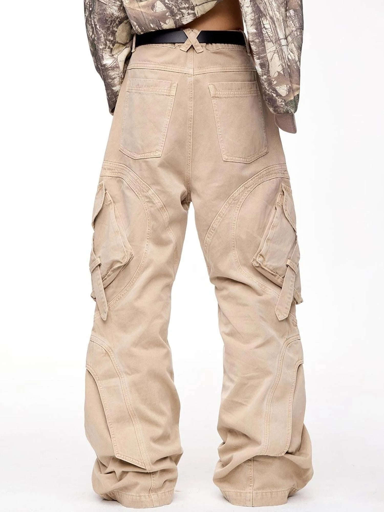 Structured Pleated Wide Leg Cargo Pants Vintage Wash