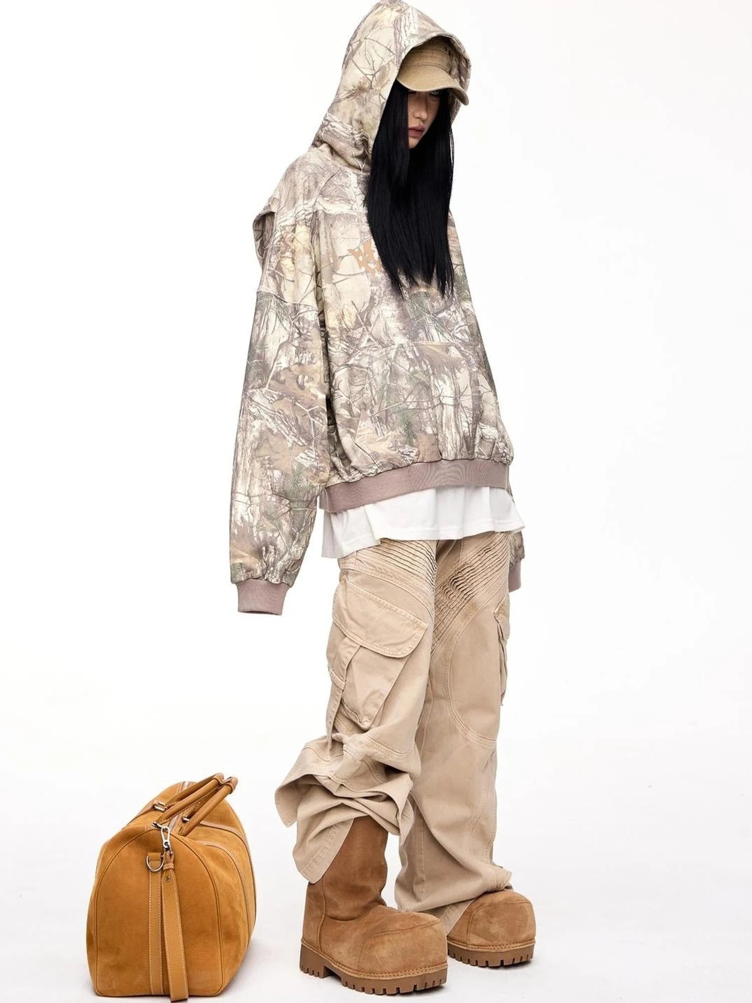 Structured Pleated Wide Leg Cargo Pants Vintage Wash