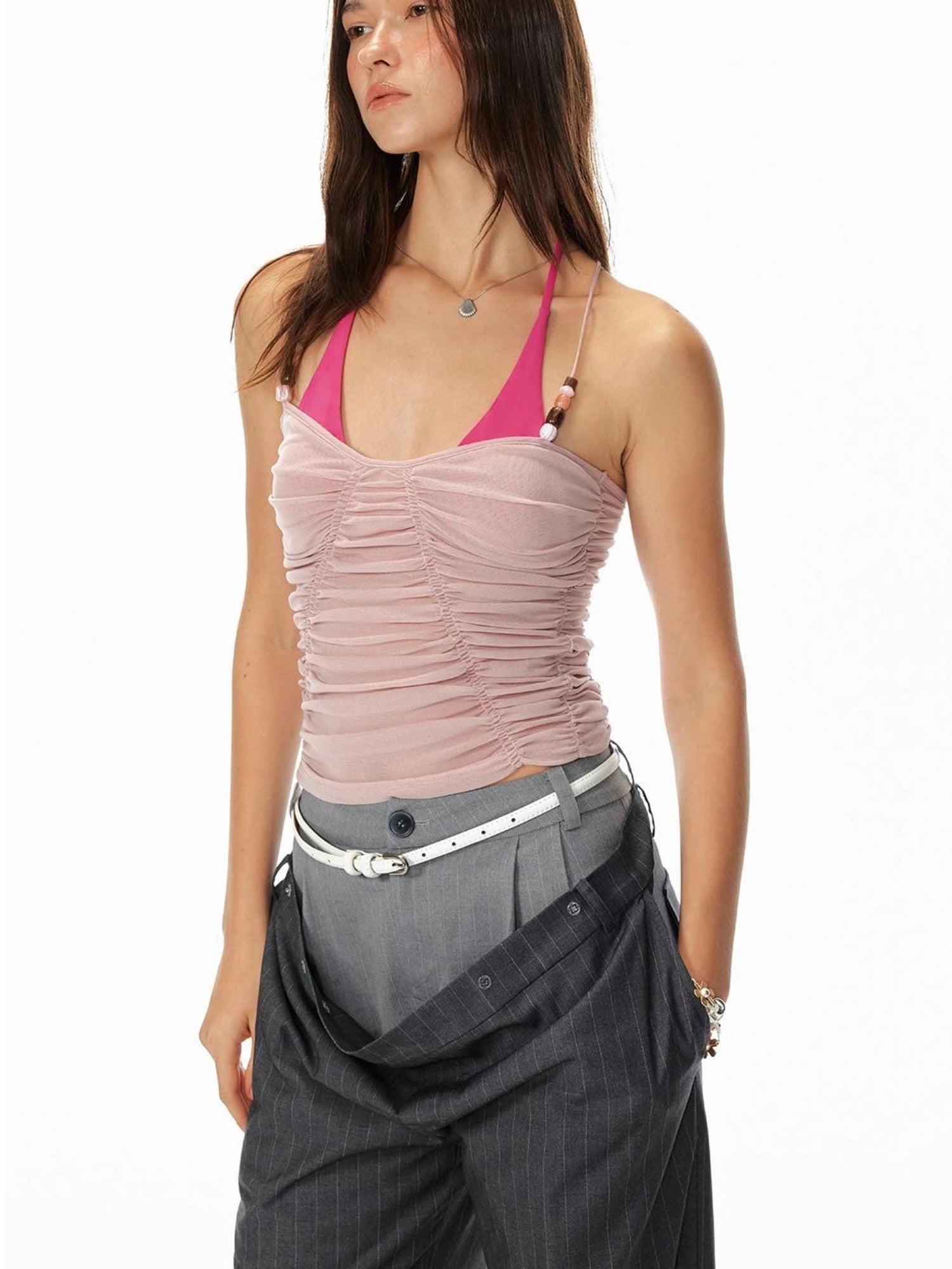 Summer Beaded Butterfly Neck Halter Ruffled Sleeveless Top Women