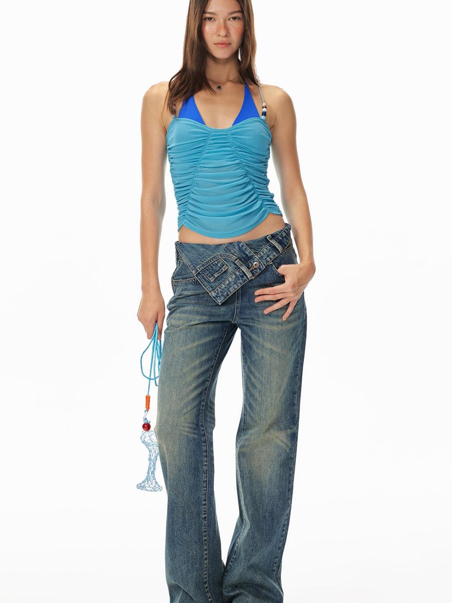 Sommer Perlen Schmetterling Neck Halter Rüschen Ärmelloses Top Frauen