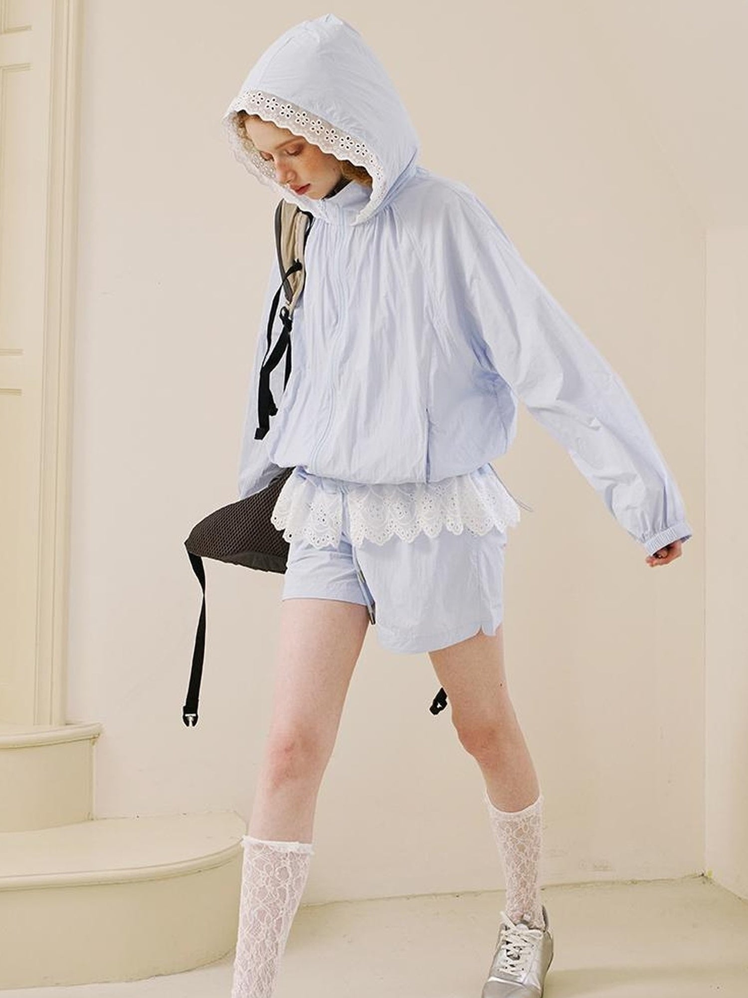 DIDDI MODA Summer Breeze Lace Trim Sun Protection Hoodie Shorts Set