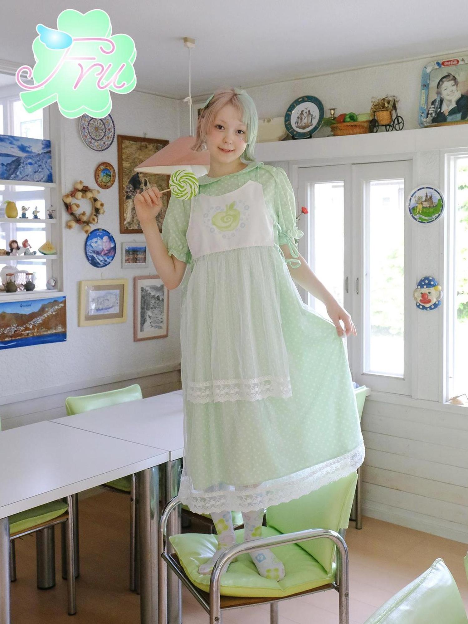 Frufru Gulu Summer Candy Angel Green Polka Dot Cute Girl Dress