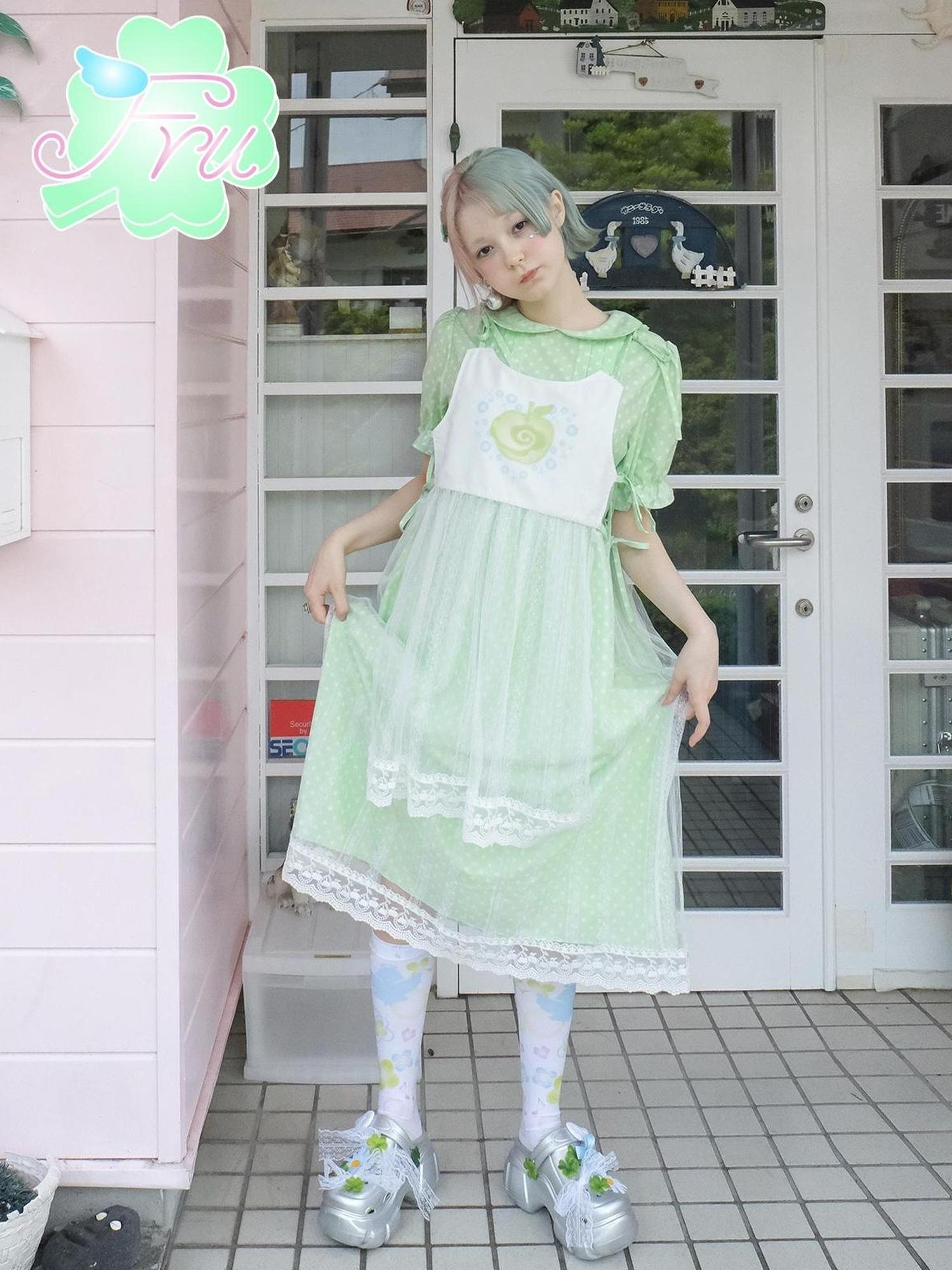Frufru Gulu Summer Candy Angel Green Polka Dot Cute Girl Dress
