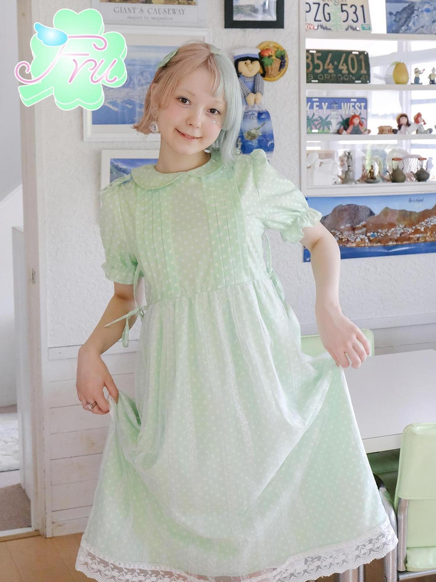 Frufru Gulu Summer Candy Angel Green Polka Dot Cute Girl Dress