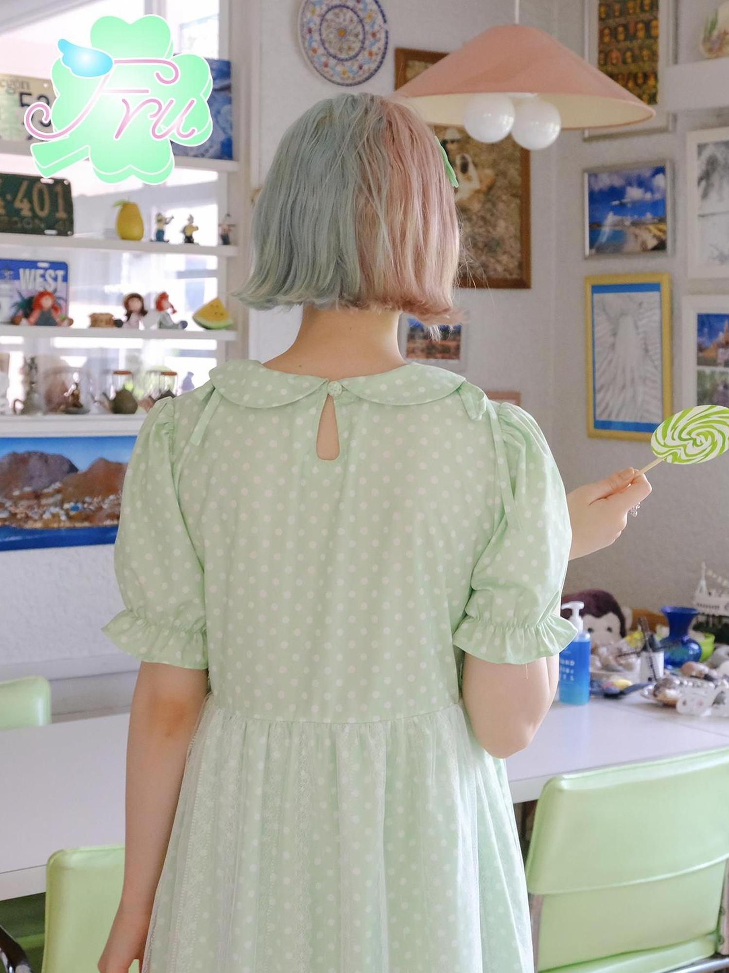 Frufru Gulu Summer Candy Angel Green Polka Dot Cute Girl Dress