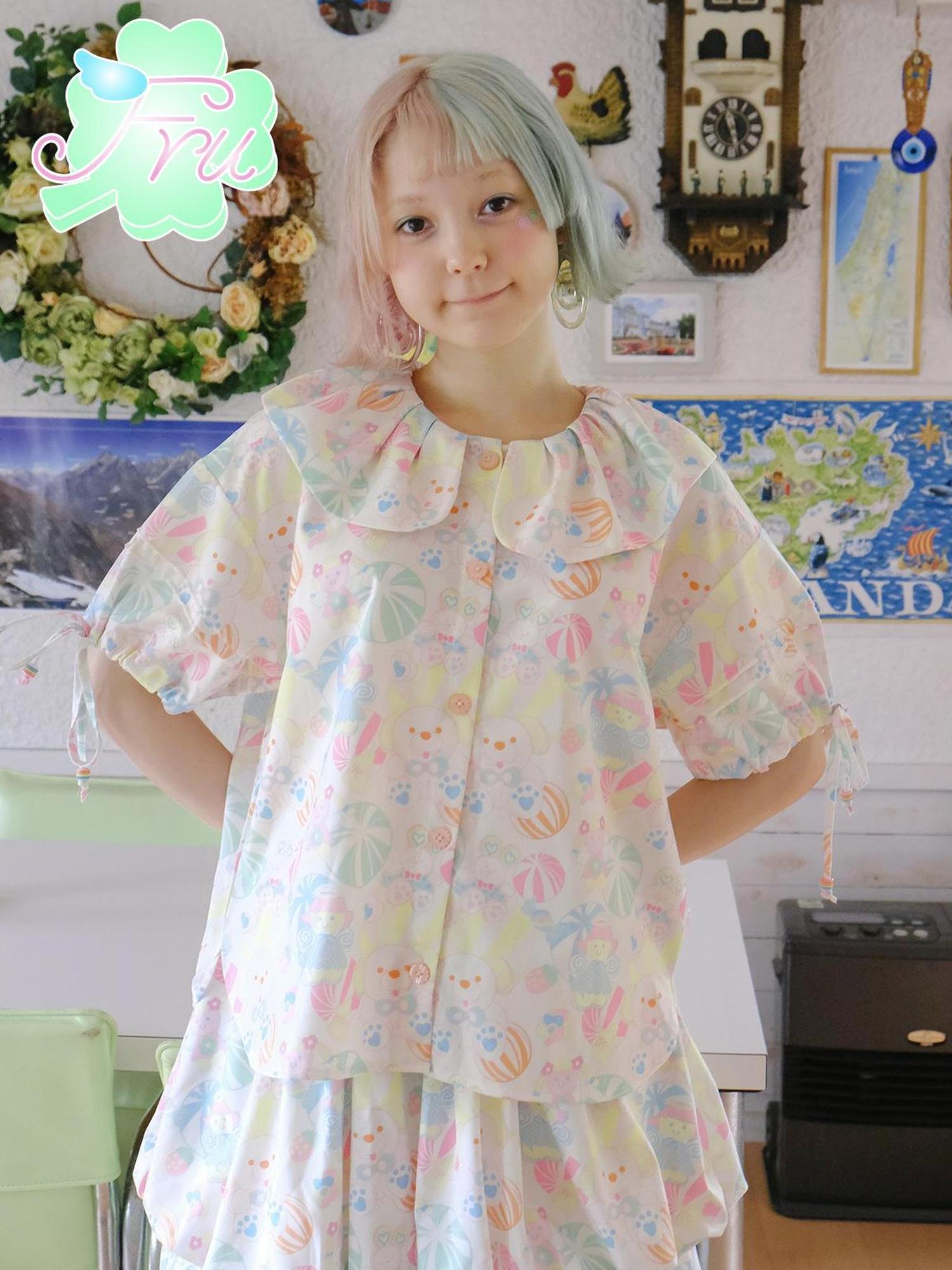 Frufru Gulu Summer Candy Print Cute Peter Pan Collar Girls Blouse