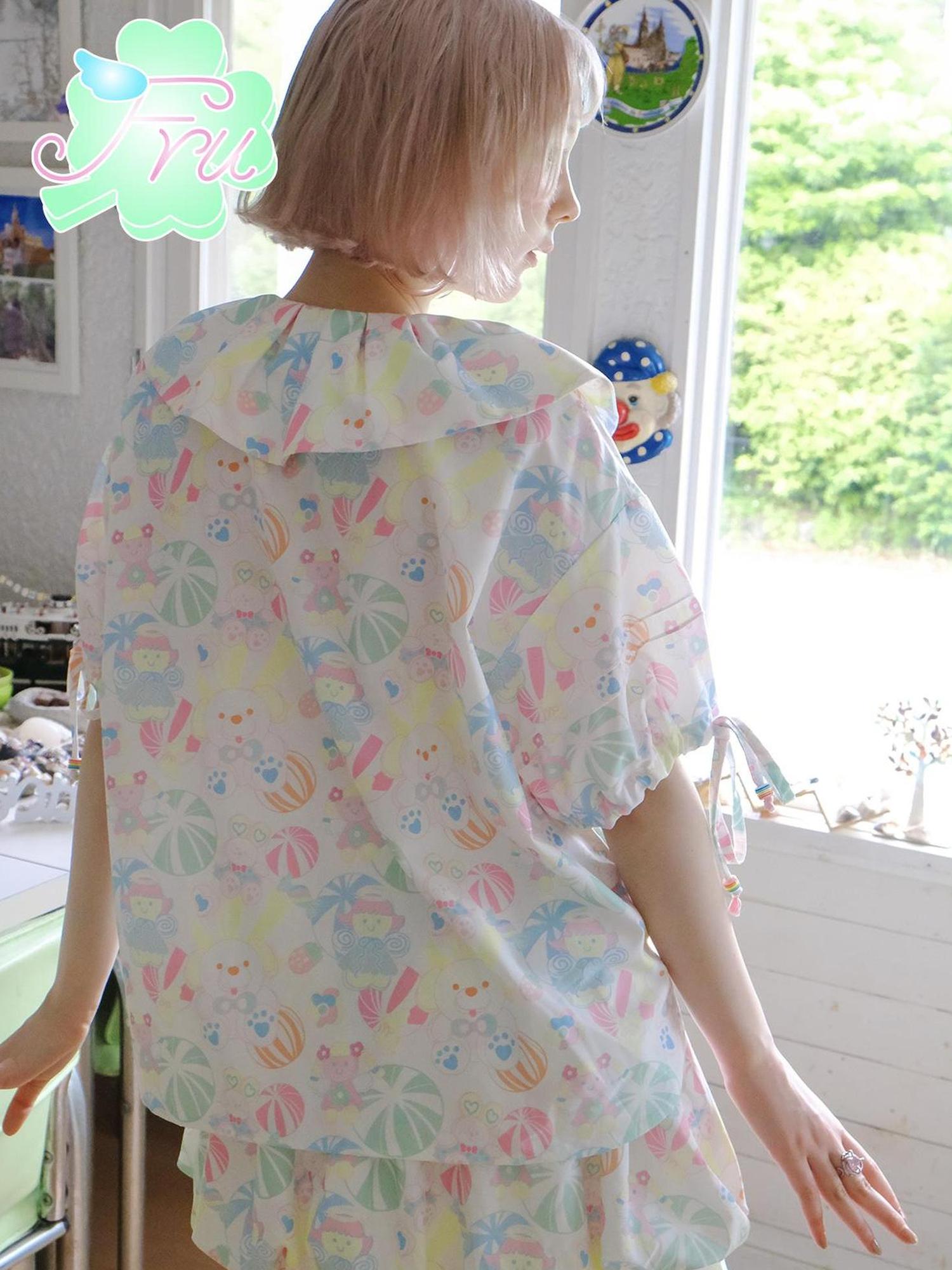 Frufru Gulu Summer Candy Print Cute Peter Pan Collar Girls Blouse