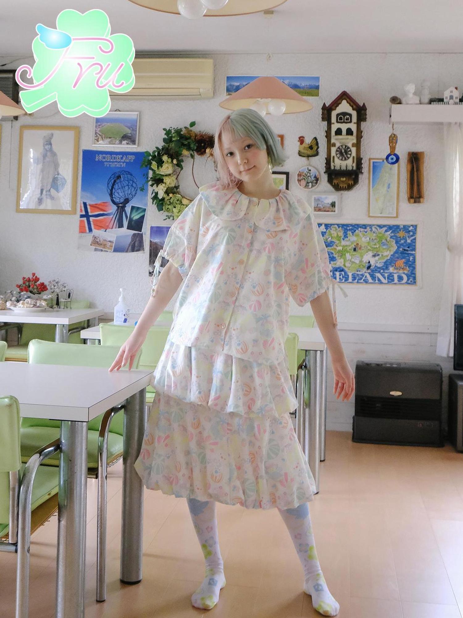 Frufru Gulu Summer Candy Print Cute Peter Pan Collar Girls Blouse