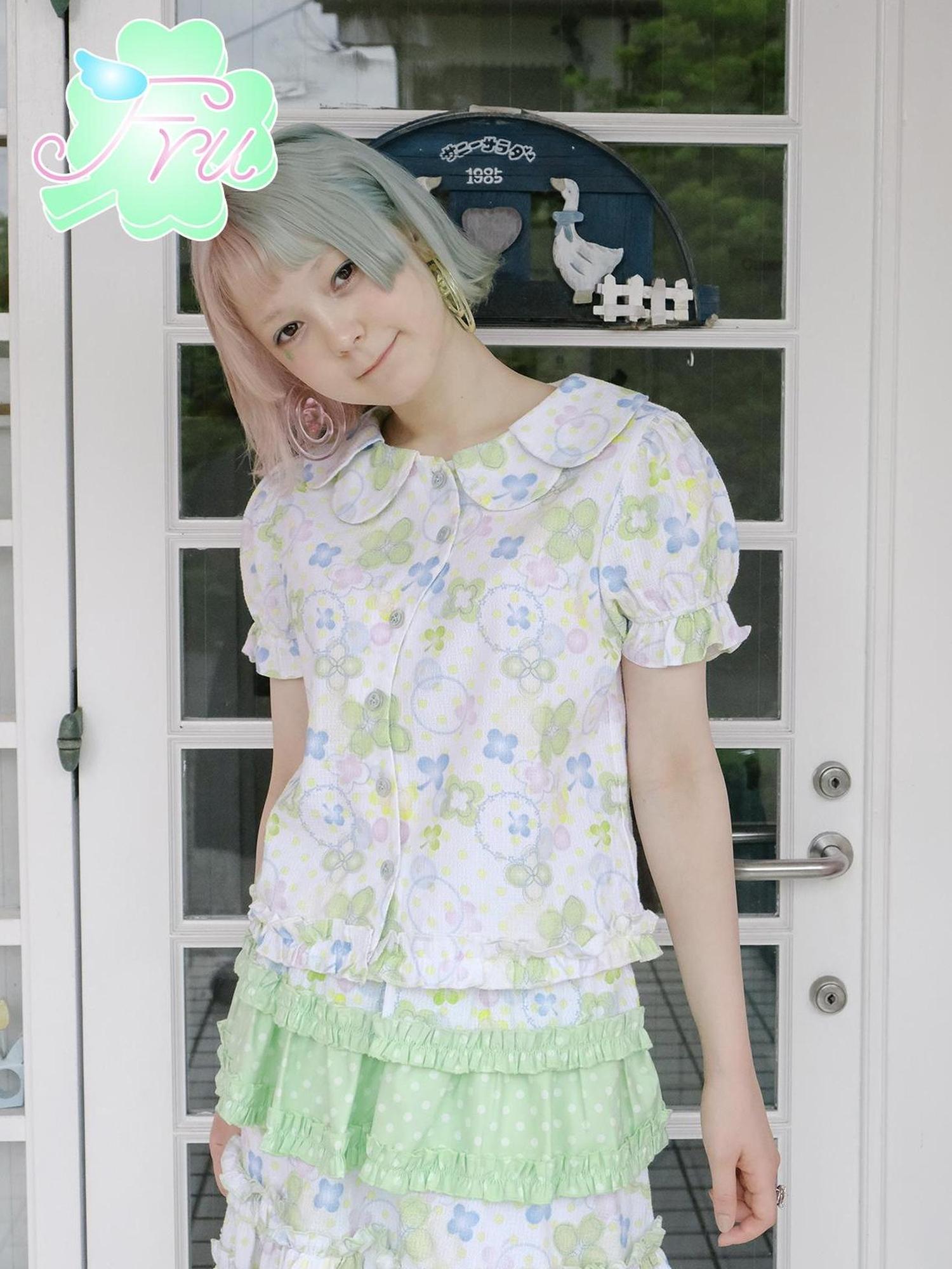 Frufru Gulu Summer Clover Print Cotton Shirt For Girls White Loose Fit