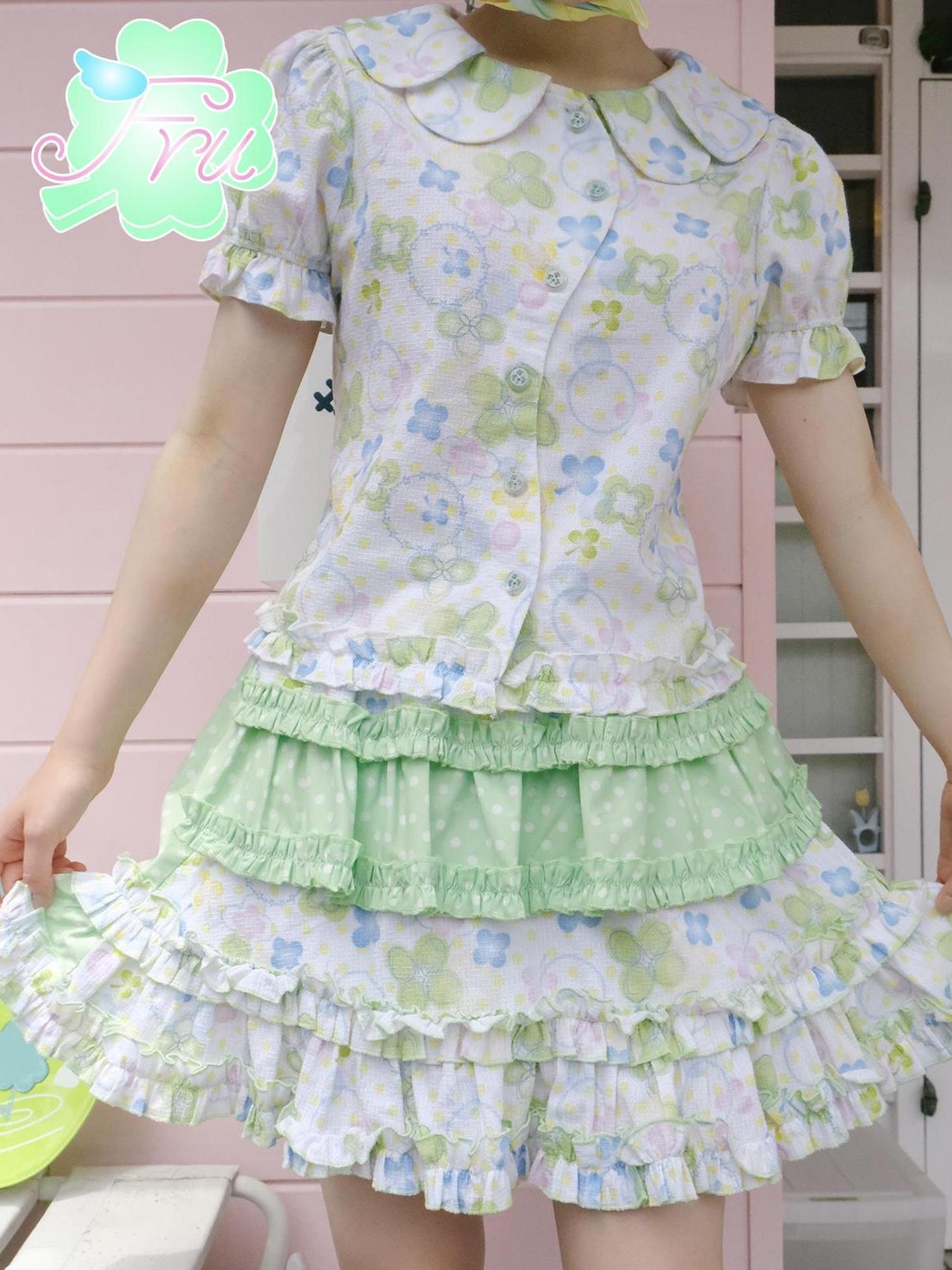 Frufru Gulu Summer Clover Print Cotton Shirt For Girls White Loose Fit