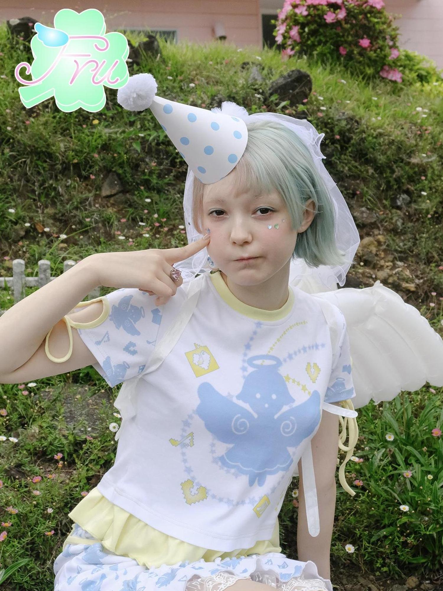 Frufru Gulu Summer Cotton Angel Print Loose T Shirt For Girls