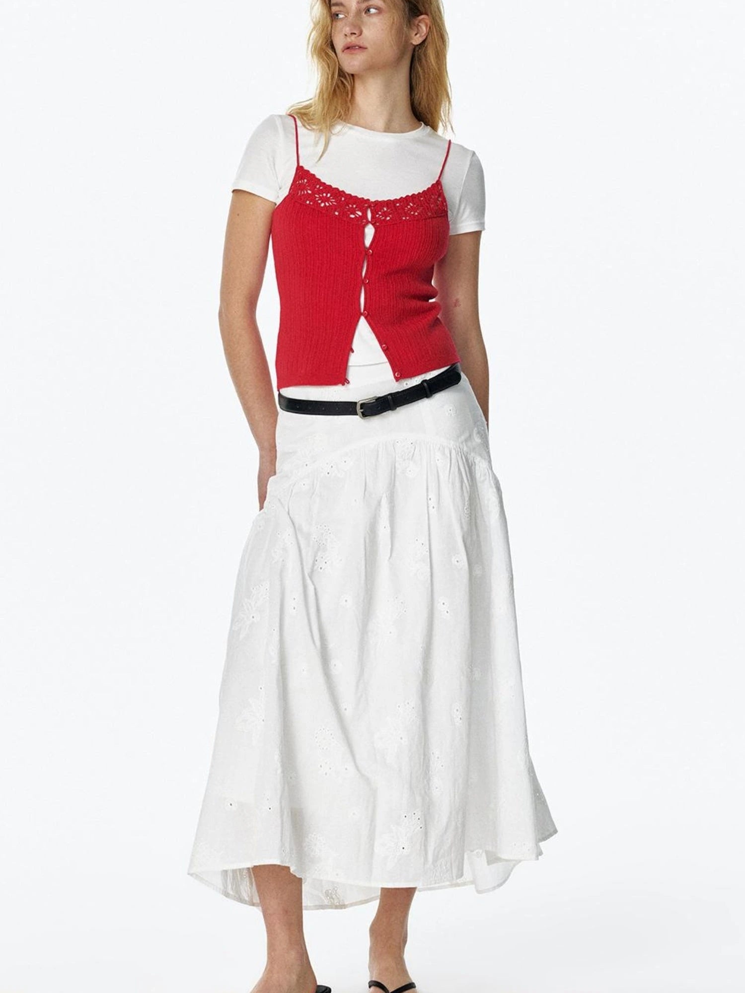 Summer Date Flowy Midi Skirt French Waist Cotton Skirts