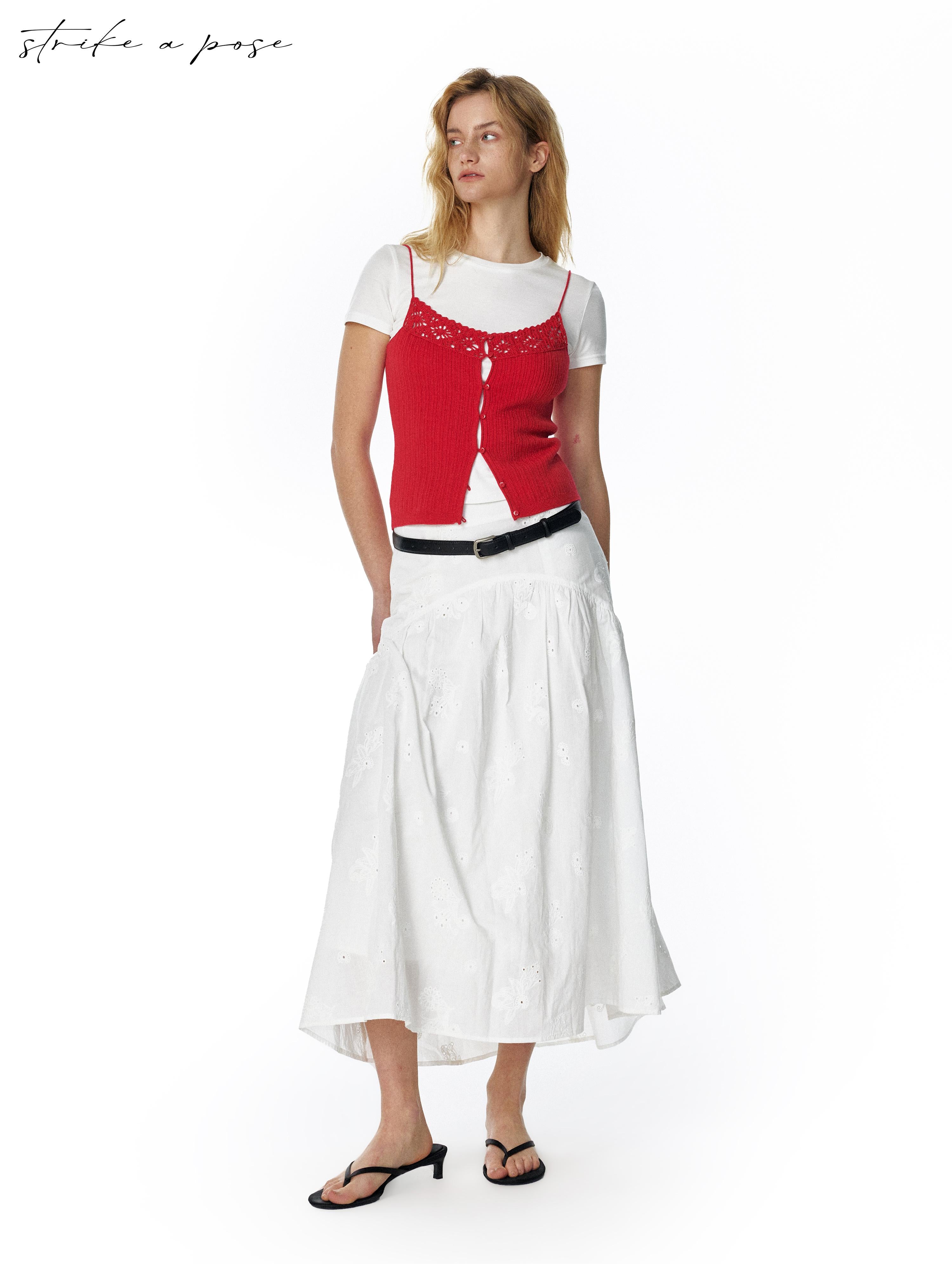 STRIKE A POSE Summer Date Flowy Midi Skirt French Waist Cotton Skirts