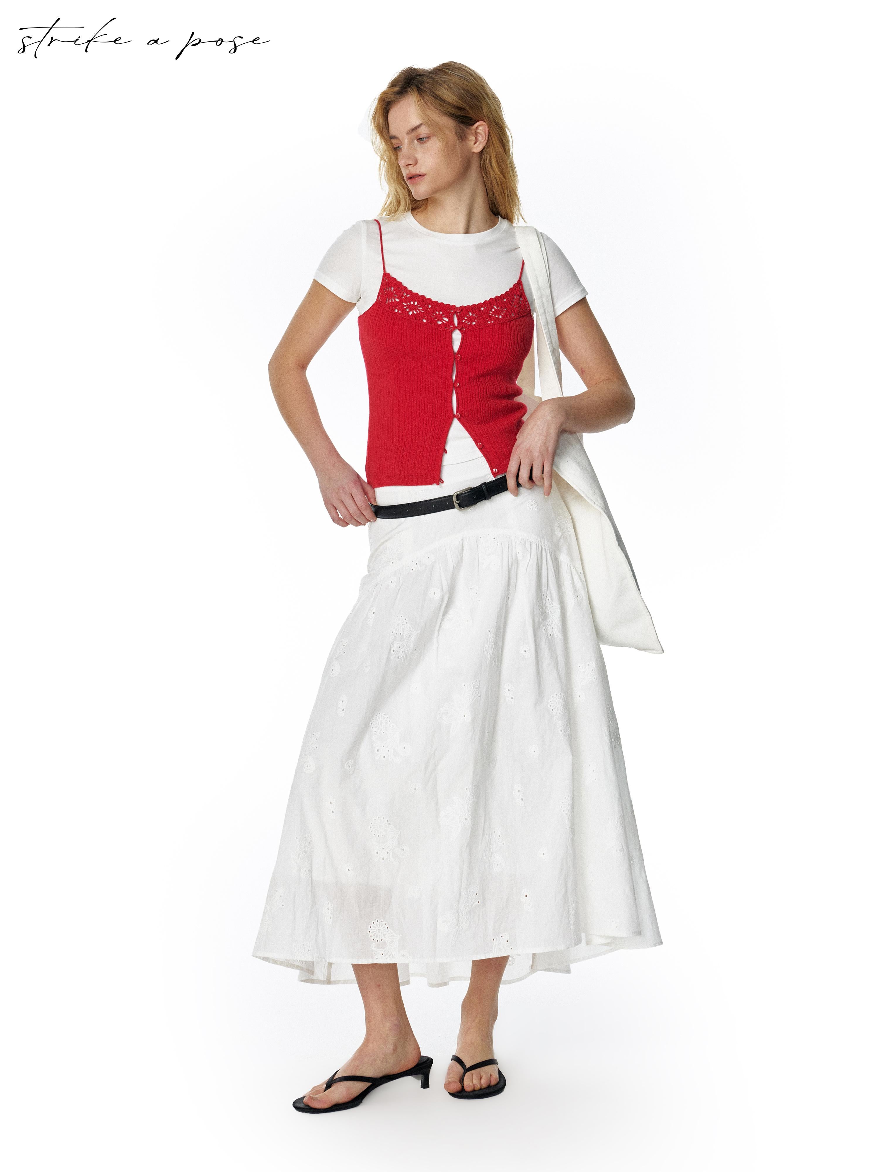 STRIKE A POSE Summer Date Flowy Midi Skirt French Waist Cotton Skirts