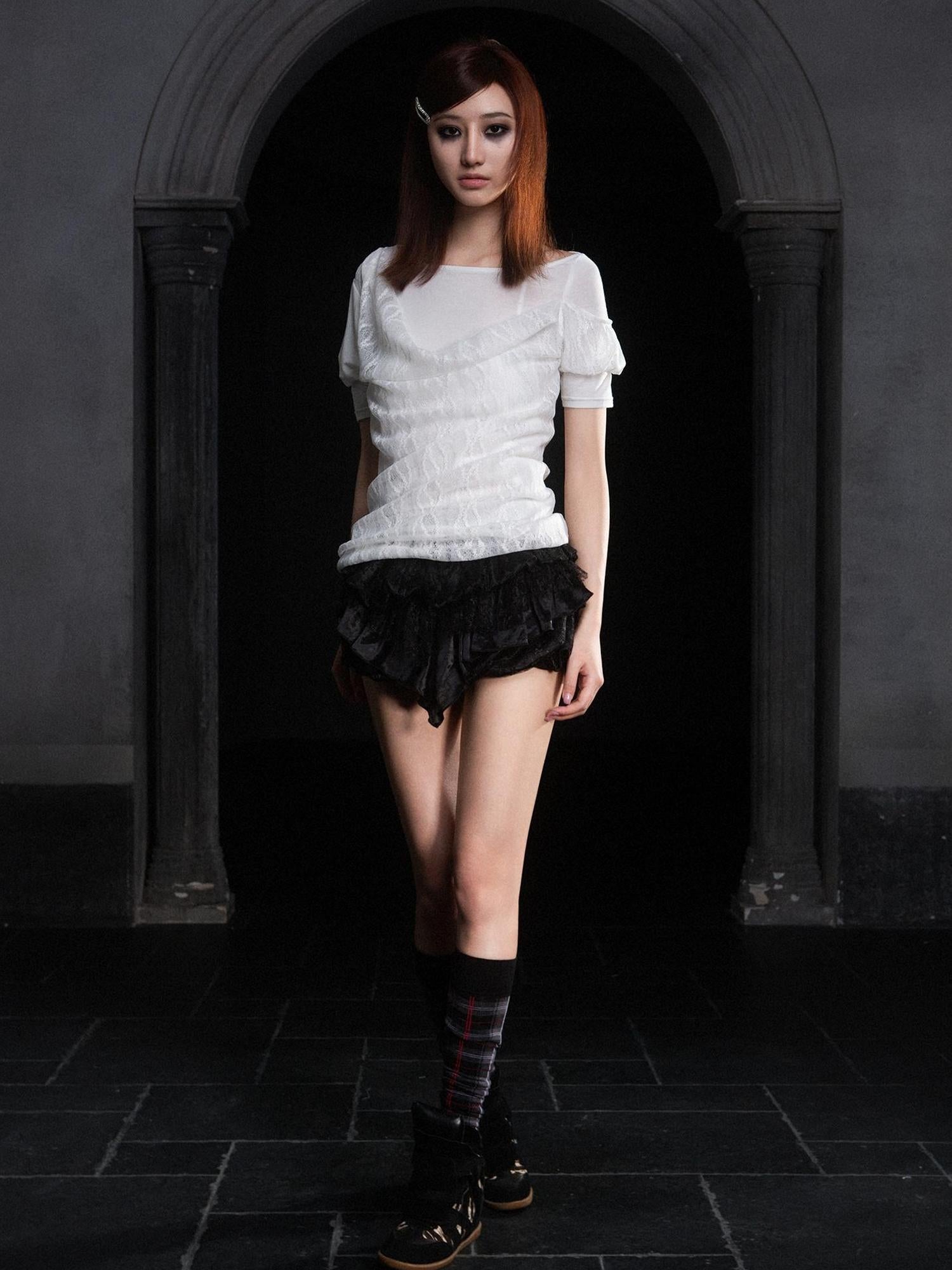 ARIADNAw Summer Lace Trim Peplum Tee With Puff Sleeves