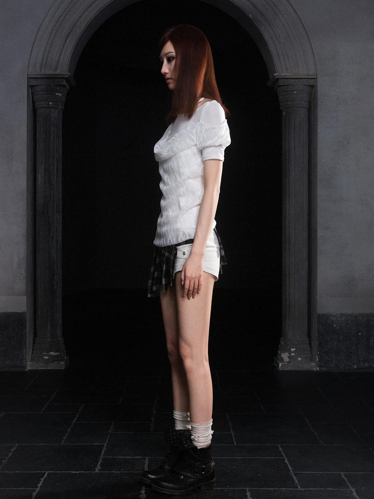 ARIADNAw Summer Lace Trim Peplum Tee With Puff Sleeves