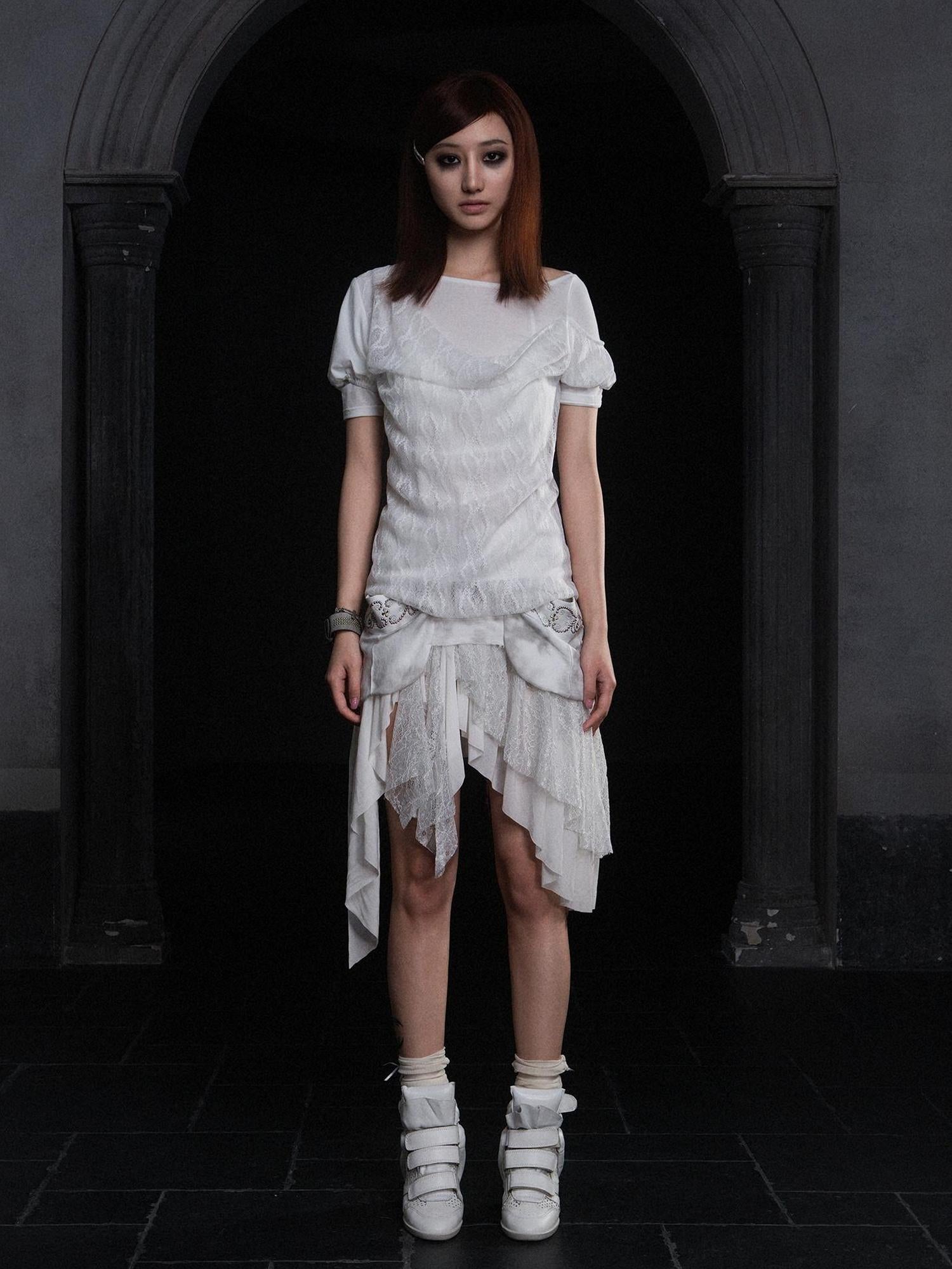 ARIADNAw Summer Lace Trim Peplum Tee With Puff Sleeves