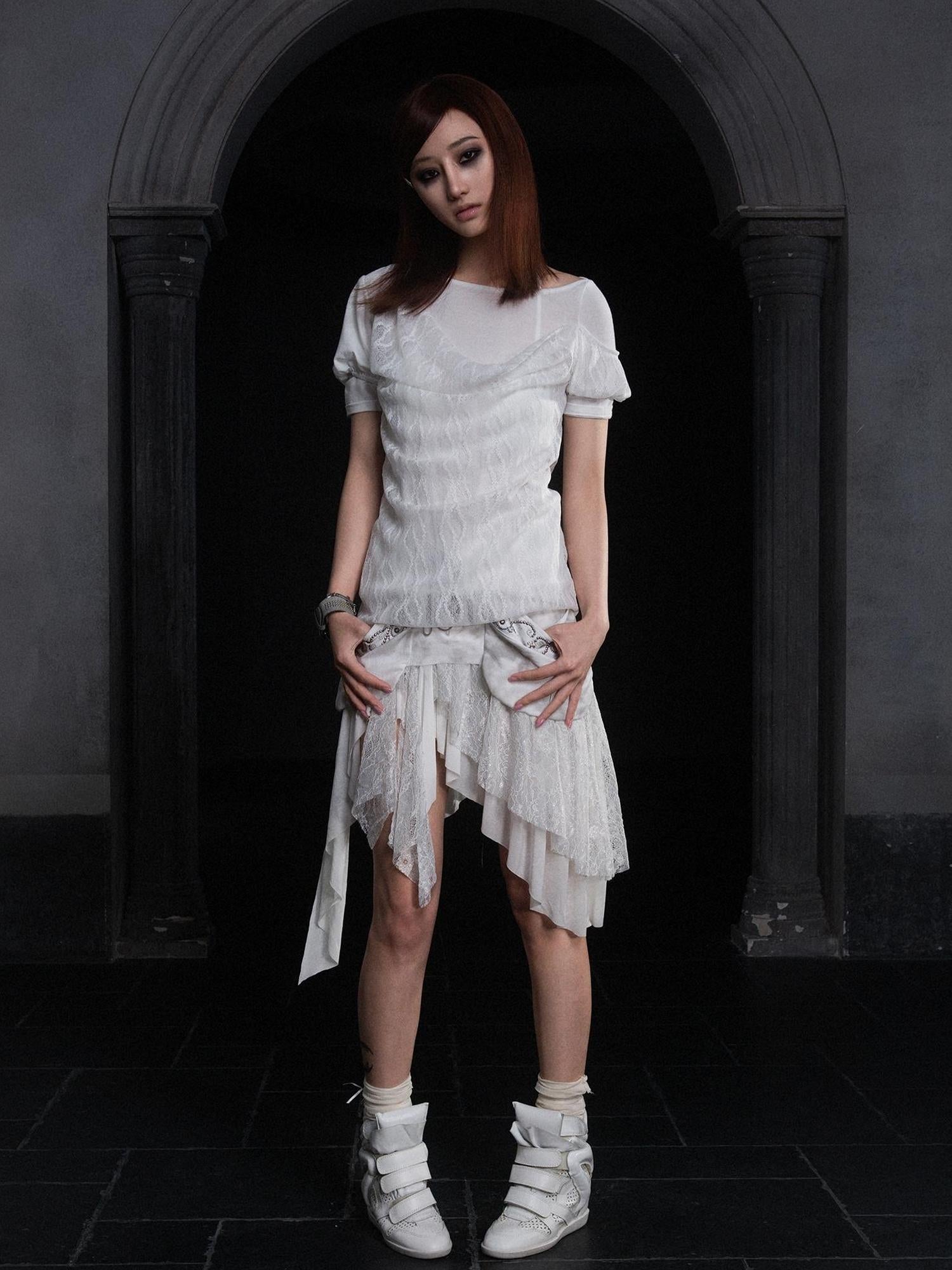 ARIADNAw Summer Lace Trim Peplum Tee With Puff Sleeves