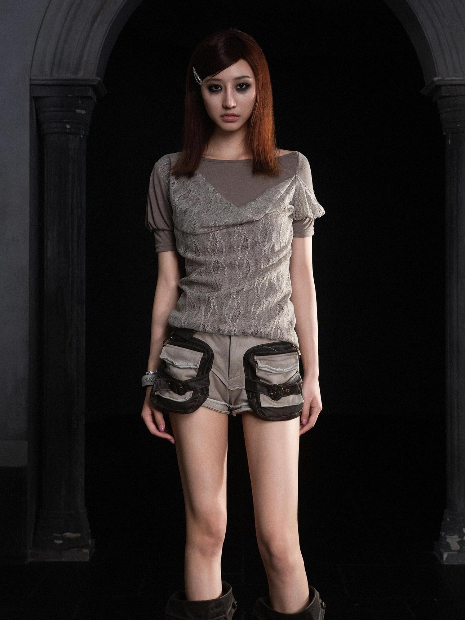 ARIADNAw Summer Lace Trim Peplum Tee With Puff Sleeves