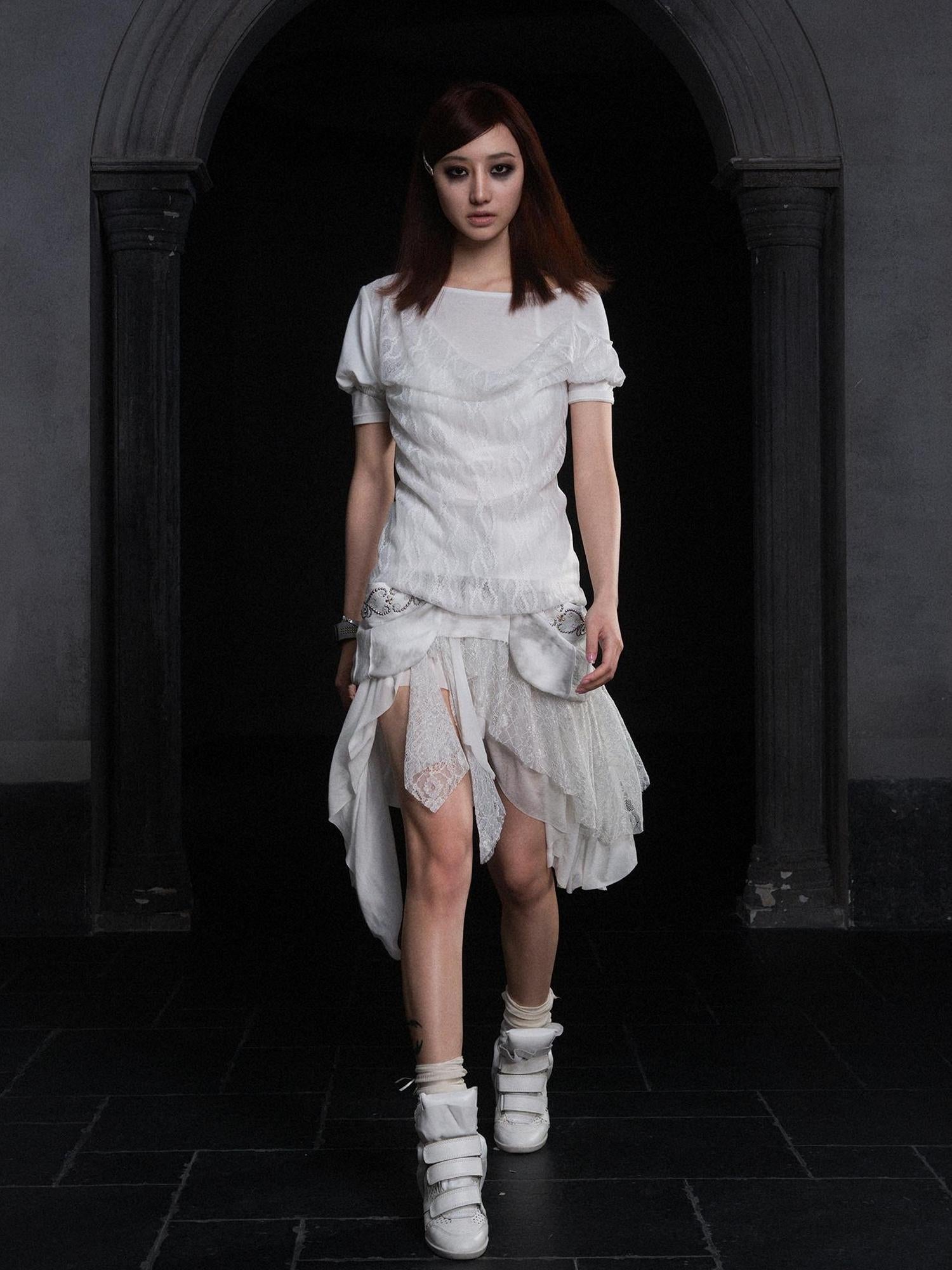 ARIADNAw Summer Lace Trim Peplum Tee With Puff Sleeves