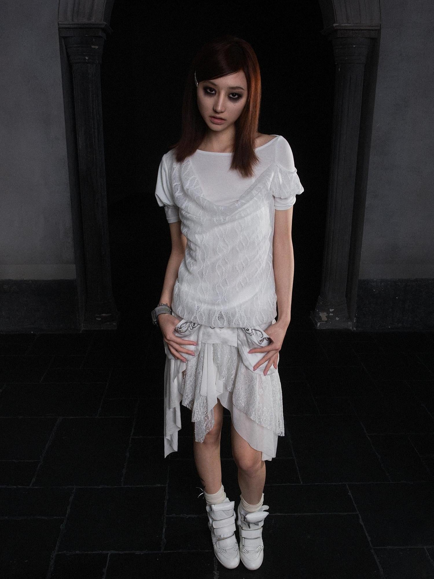ARIADNAw Summer Lace Trim Peplum Tee With Puff Sleeves