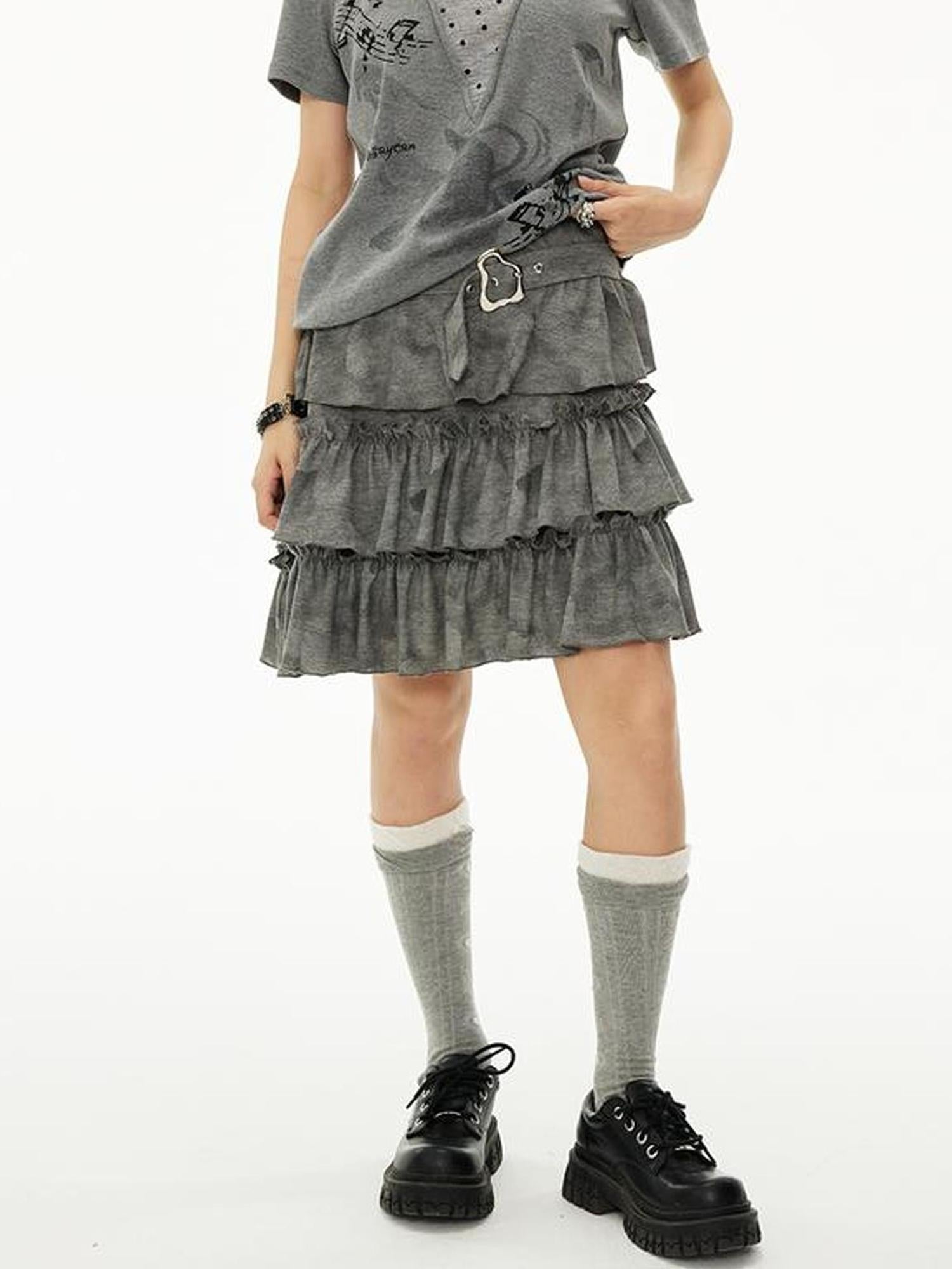 MOMSYCAN FOX LINE Summer Layered Chiffon Skirt With Asymmetrical Hem