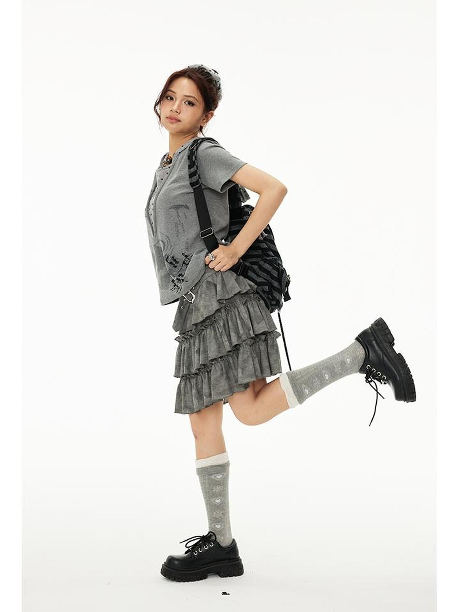 MOMSYCAN FOX LINE Summer Layered Chiffon Skirt With Asymmetrical Hem