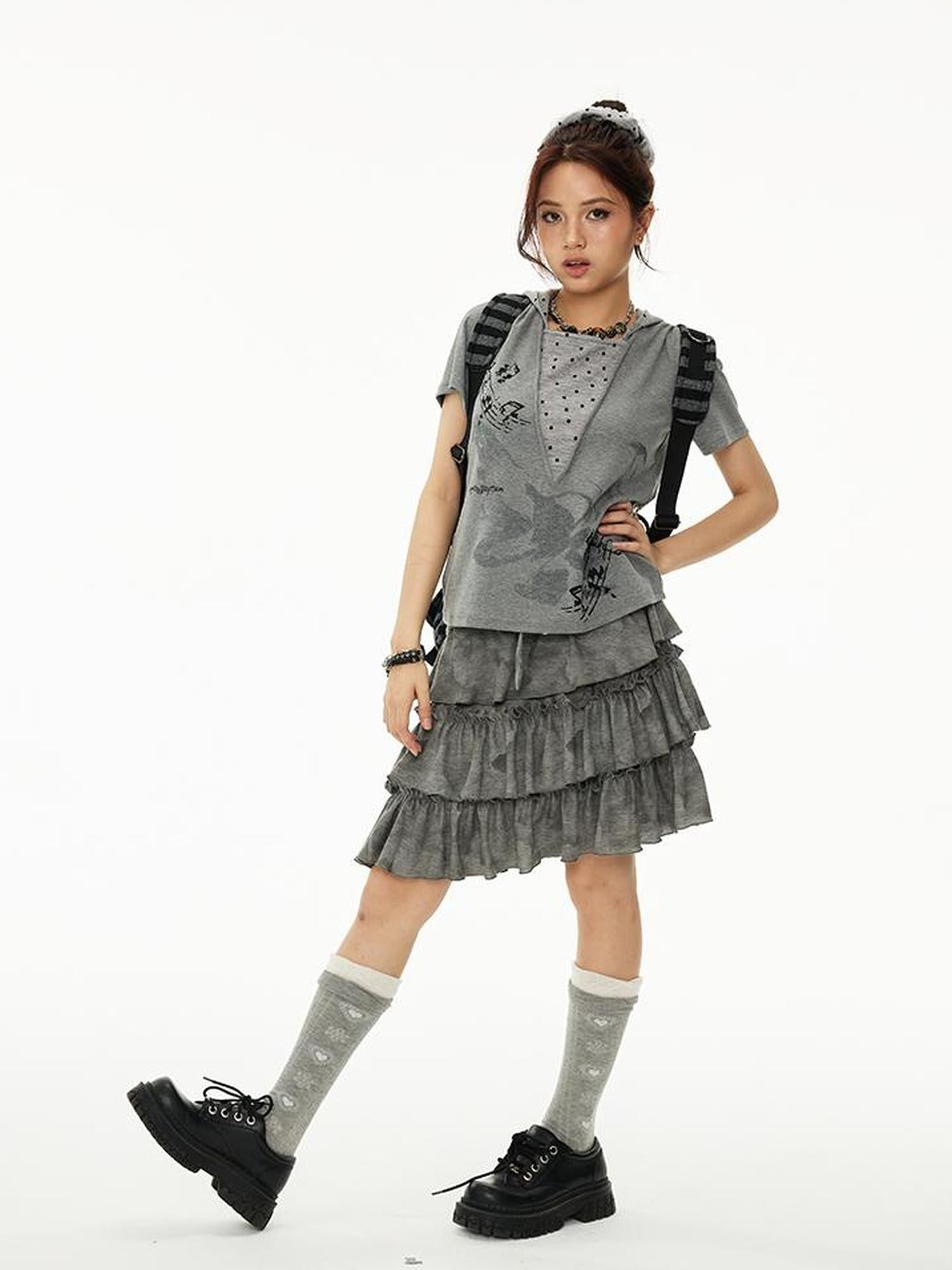 MOMSYCAN FOX LINE Summer Layered Chiffon Skirt With Asymmetrical Hem