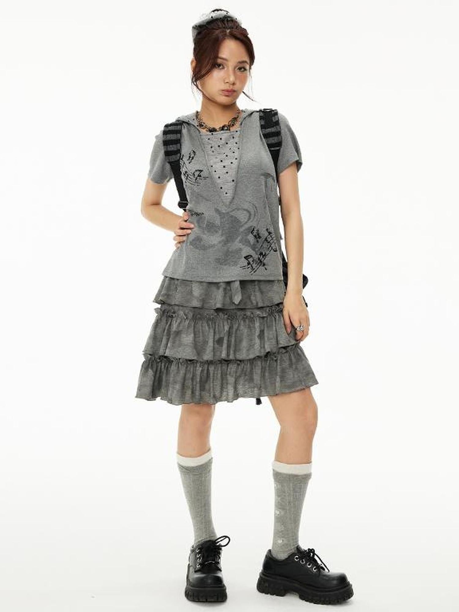 MOMSYCAN FOX LINE Summer Layered Chiffon Skirt With Asymmetrical Hem