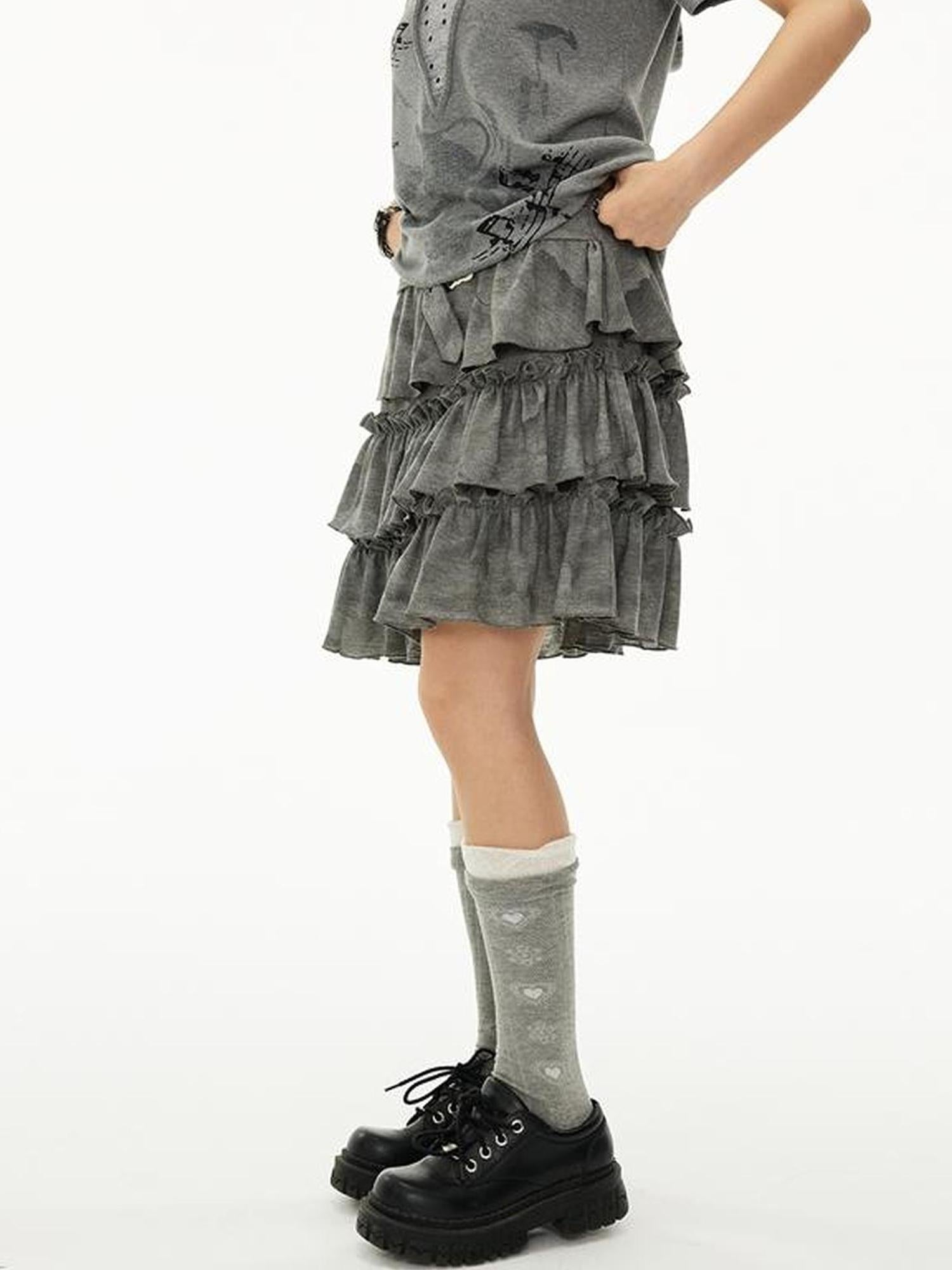 MOMSYCAN FOX LINE Summer Layered Chiffon Skirt With Asymmetrical Hem