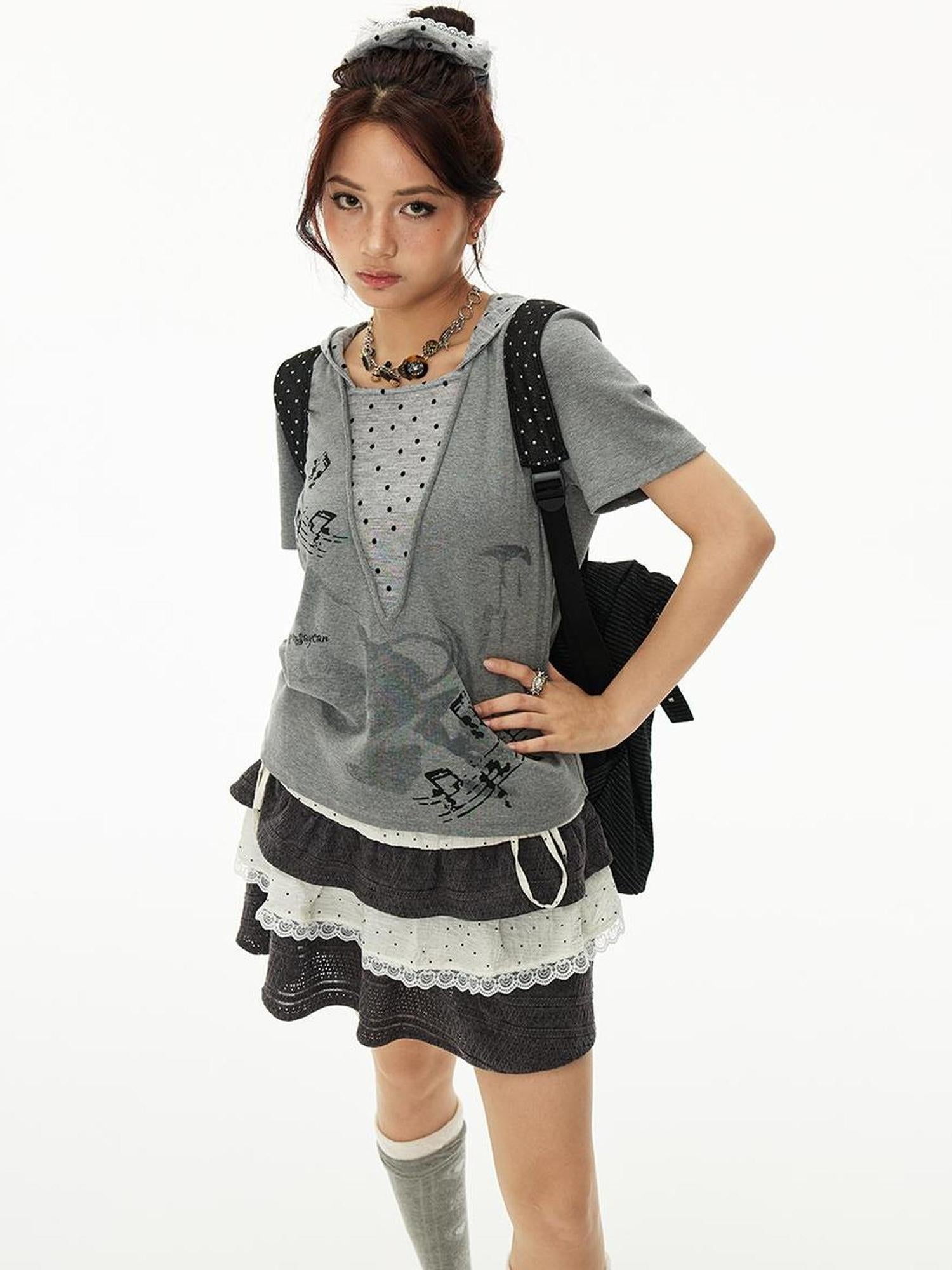 MOMSYCAN FOX LINE Summer Loose Hooded Tee With Dot Print False Layering