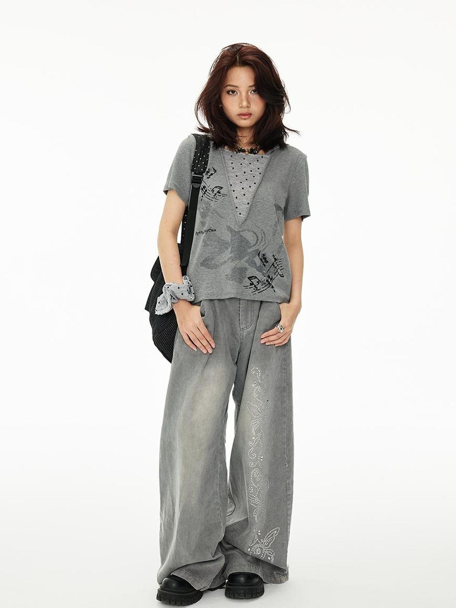 MOMSYCAN FOX LINE Summer Loose Hooded Tee With Dot Print False Layering
