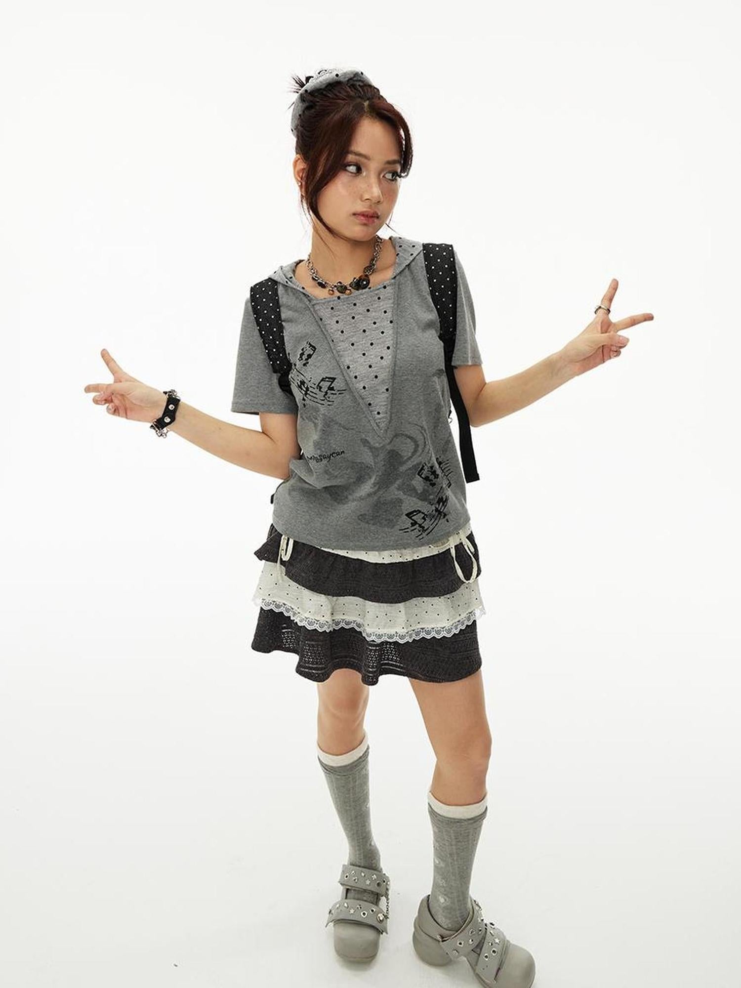 MOMSYCAN FOX LINE Summer Loose Hooded Tee With Dot Print False Layering