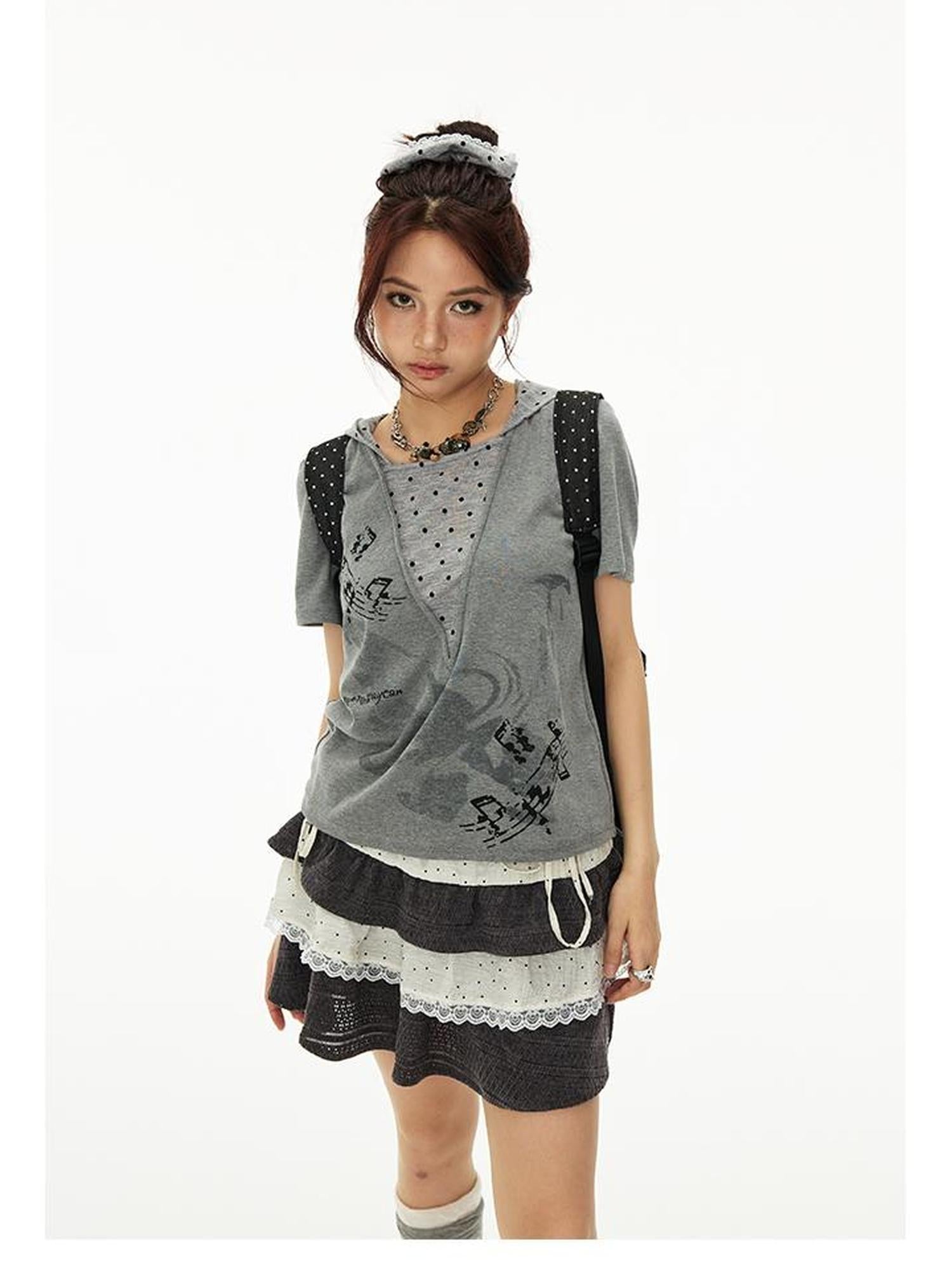 MOMSYCAN FOX LINE Summer Loose Hooded Tee With Dot Print False Layering