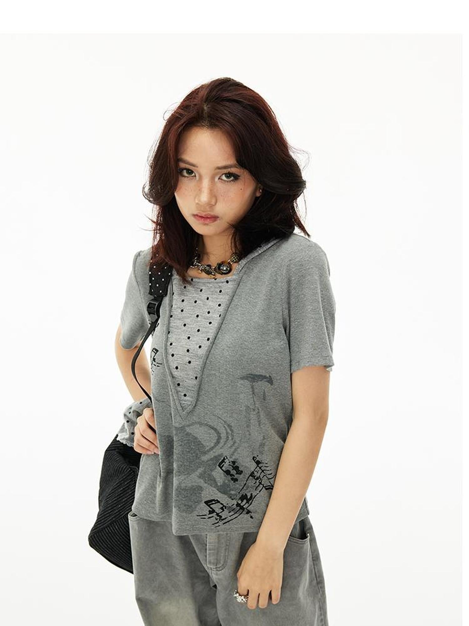 MOMSYCAN FOX LINE Summer Loose Hooded Tee With Dot Print False Layering