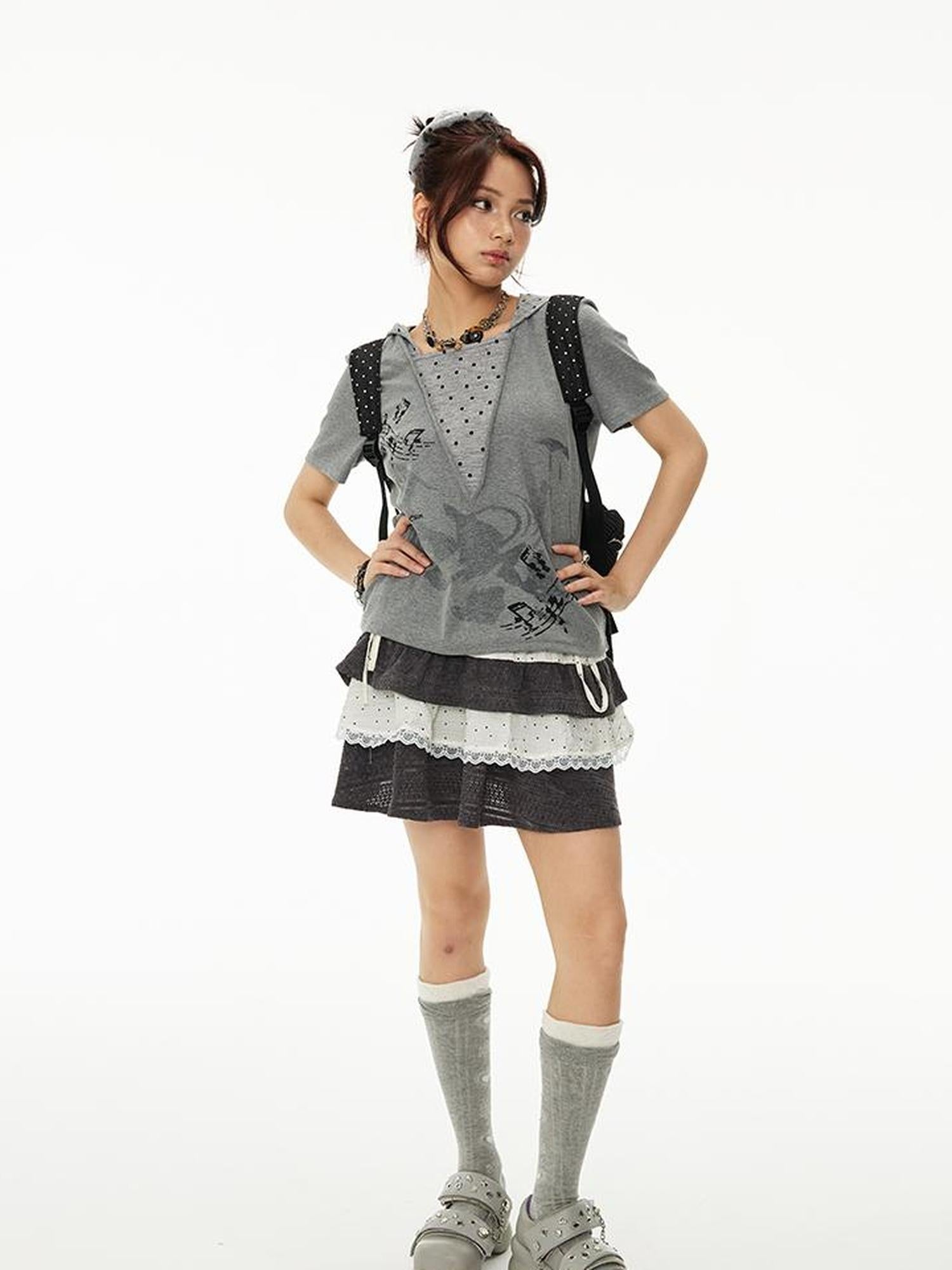 MOMSYCAN FOX LINE Summer Loose Hooded Tee With Dot Print False Layering