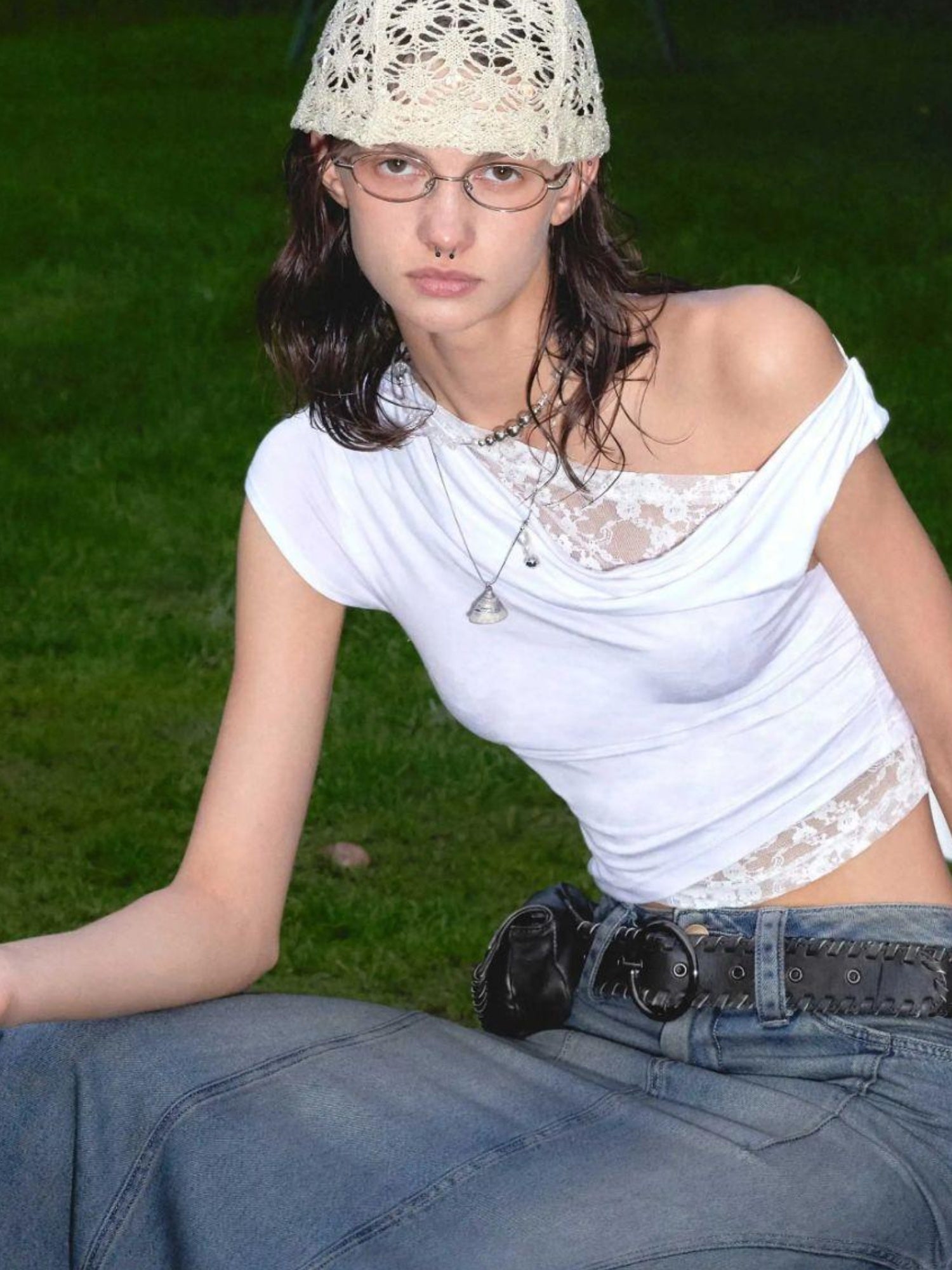 2th Desire Summer Off Shoulder Lace White T-Shirt