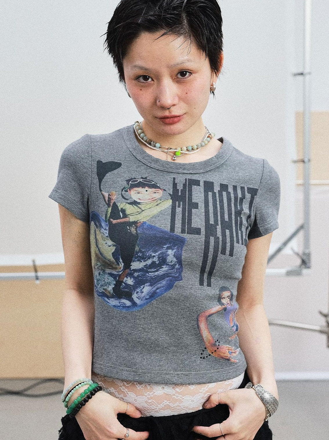 Achihara Summer Short Sleeve Cropped Graphic T-Shirt For Women