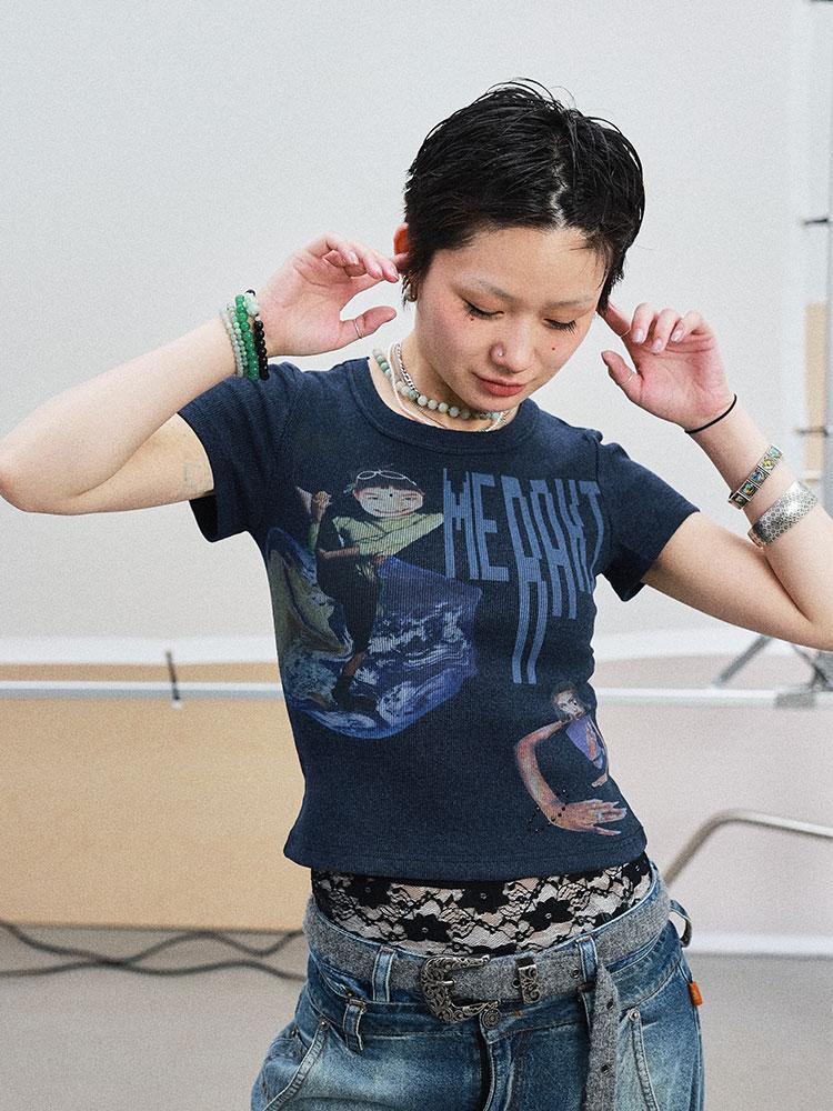 Achihara Summer Short Sleeve Cropped Graphic T-Shirt For Women