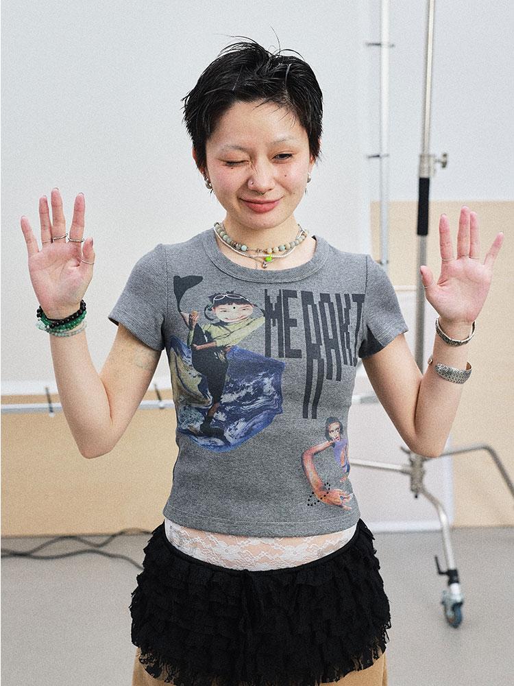 Achihara Summer Short Sleeve Cropped Graphic T-Shirt For Women