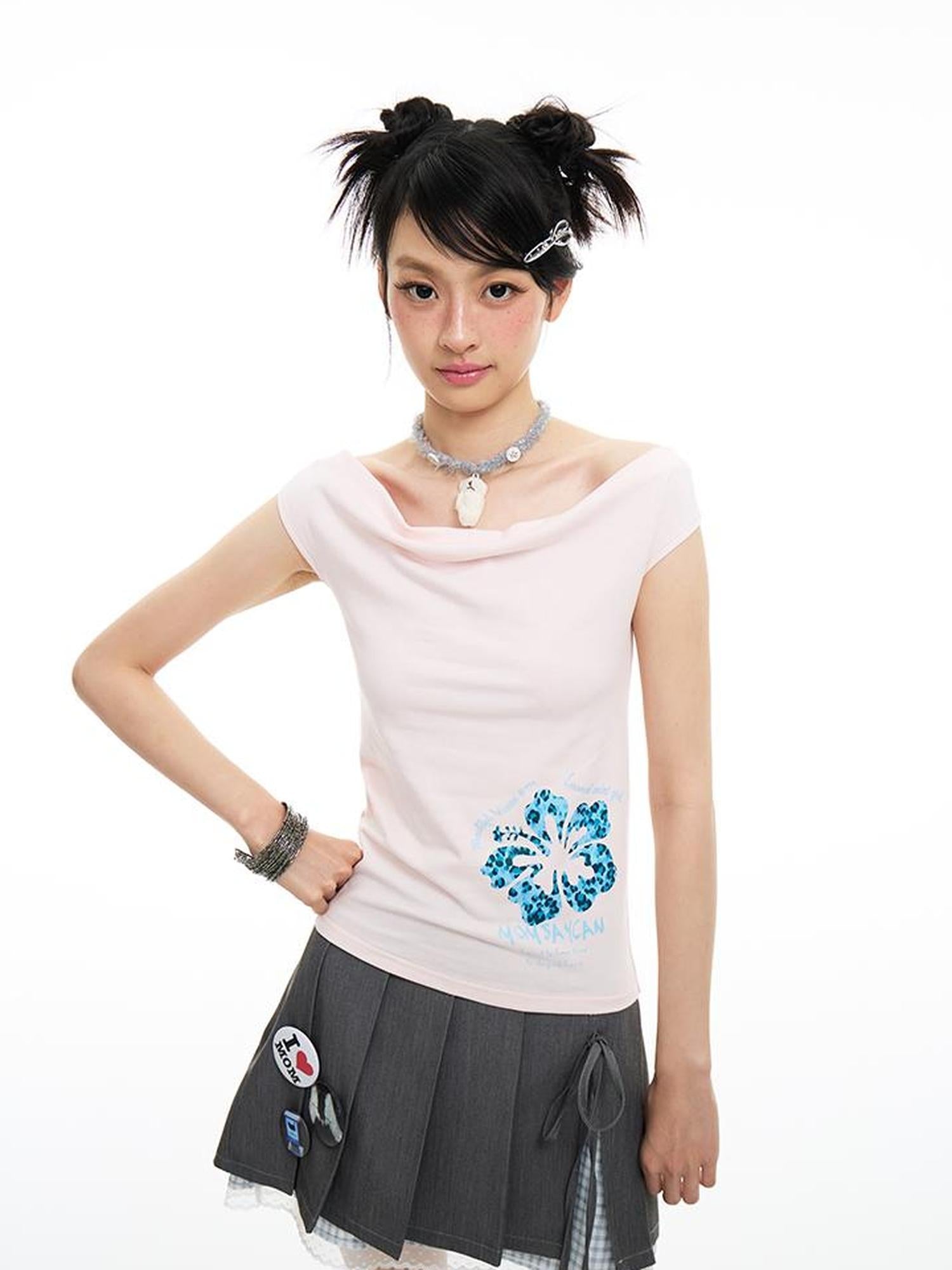 MOMSYCAN FOX LINE Summer Slim Cowl Neck Leopard Hem T Shirt