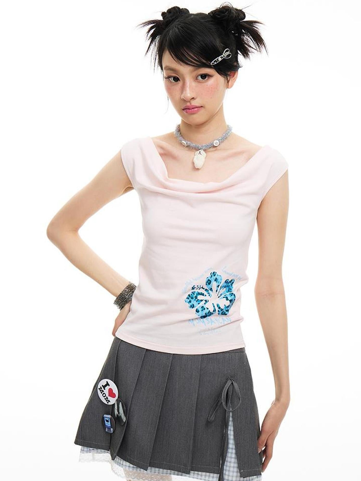 MOMSYCAN FOX LINE Summer Slim Cowl Neck Leopard Hem T Shirt